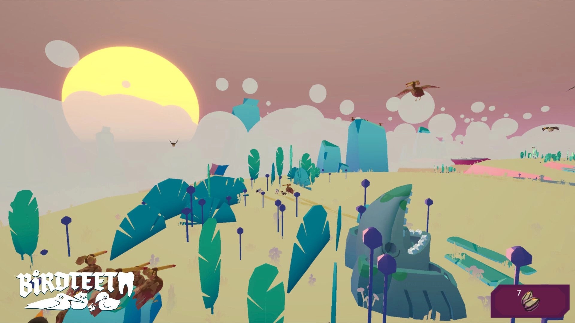 Birdteeth: Birds soaring over colorful landscape with towering structures and a setting sun in the background.