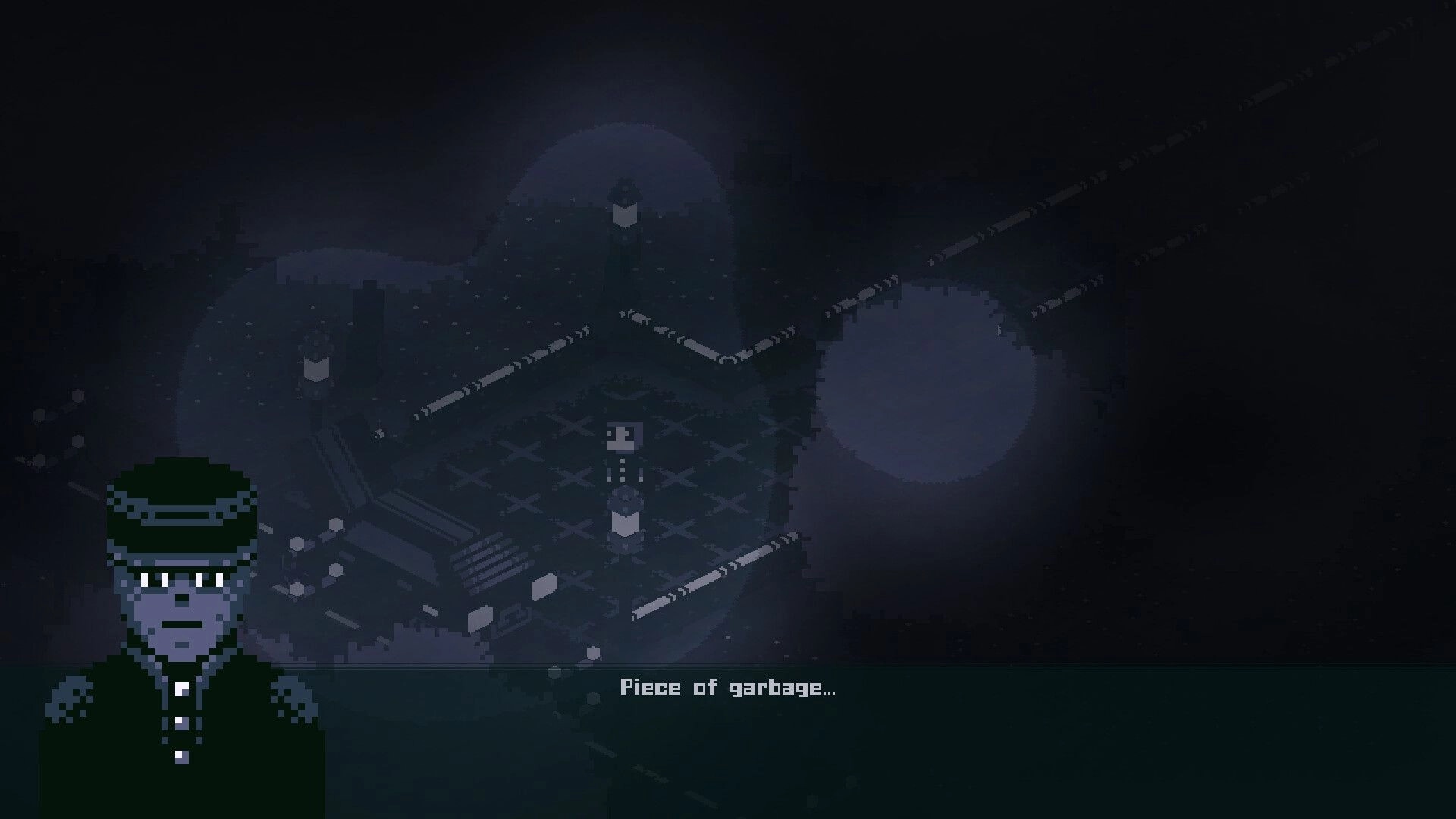 Birthright: Character in dark environment with dialogue box saying "Piece of garbage..."