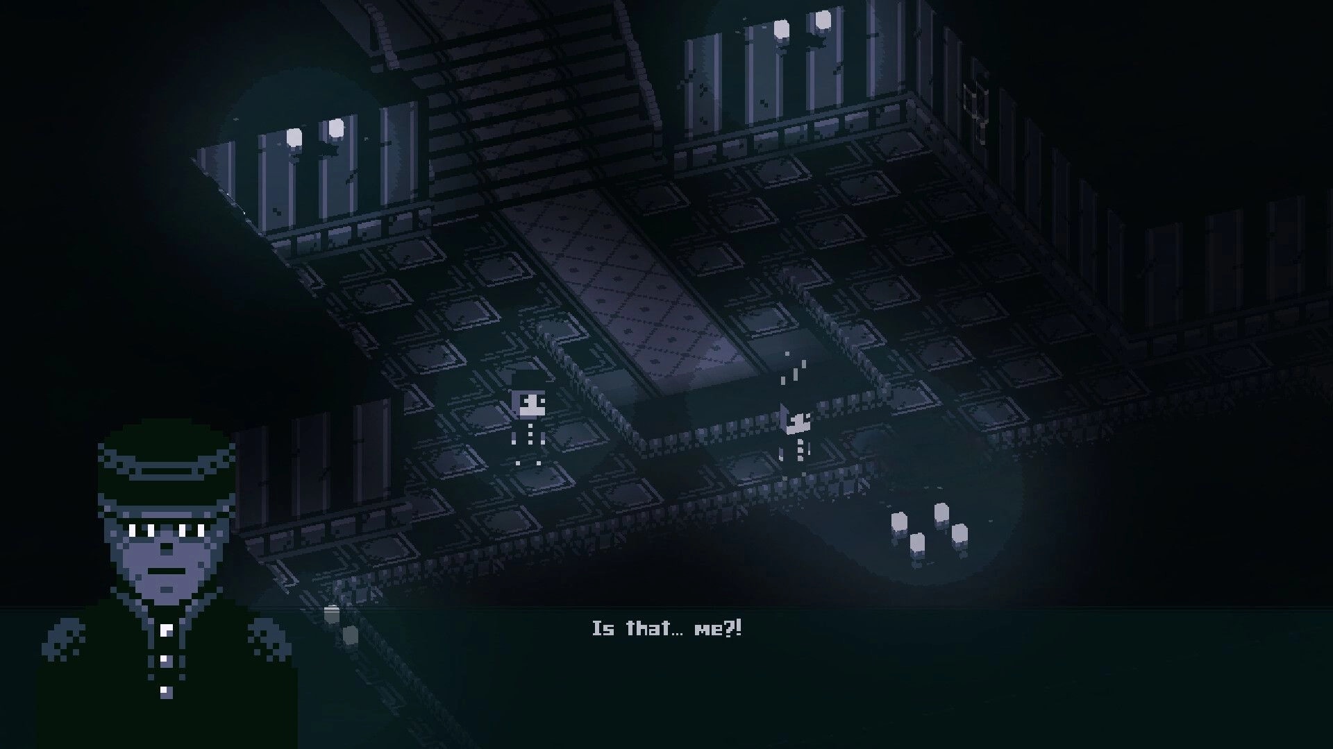 Birthright: Pixelated character in dimly lit hallway with text "Is that... me?!" on screen