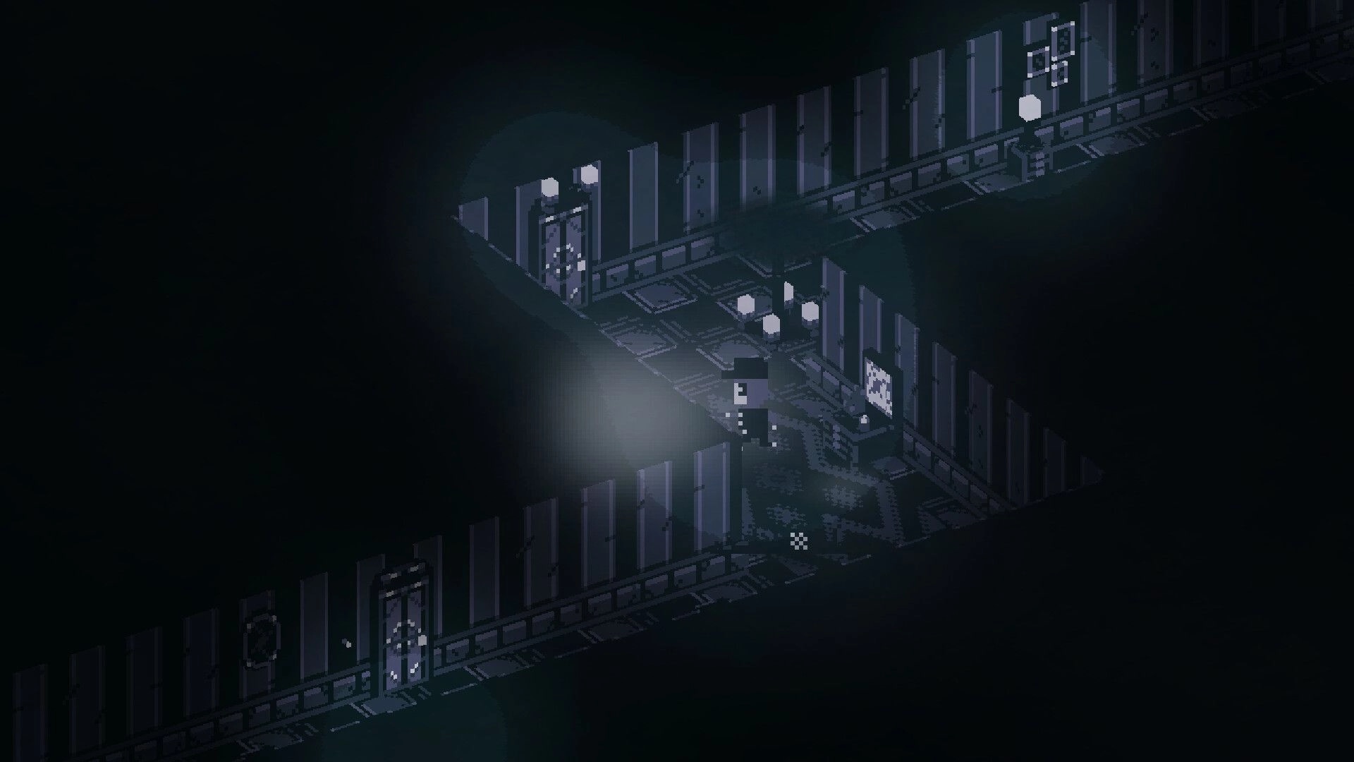 Birthright: Character explores dimly lit corridor with pixelated walls and doors in a shadowy environment.