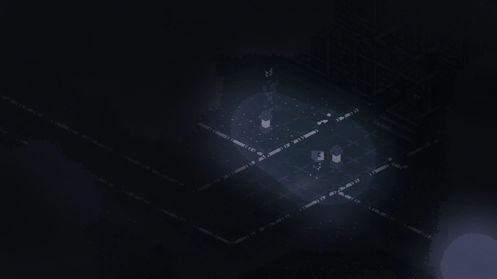 Birthright: Two characters explore a dark, grid-patterned area with stairs leading to a shadowy structure.