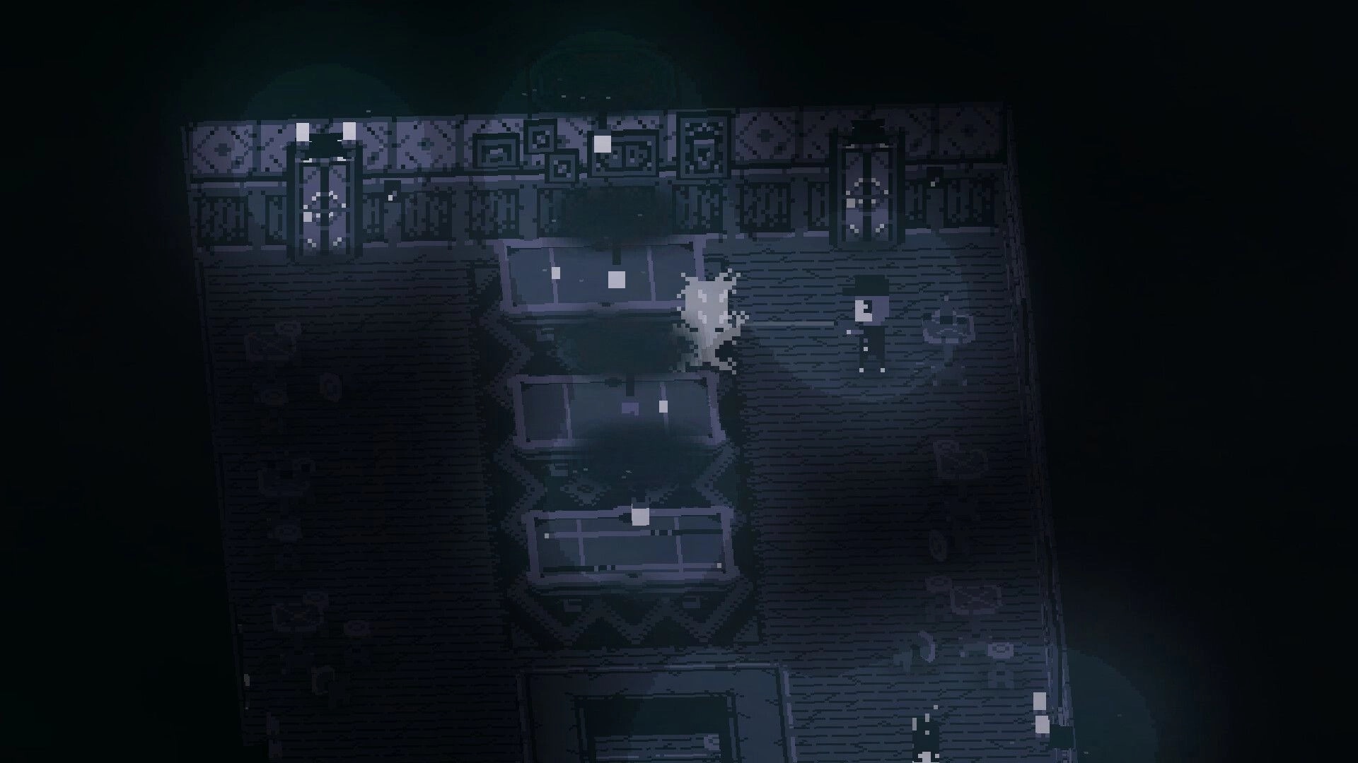 Birthright: Character in dimly lit room with shadowy figure and ornate wall patterns