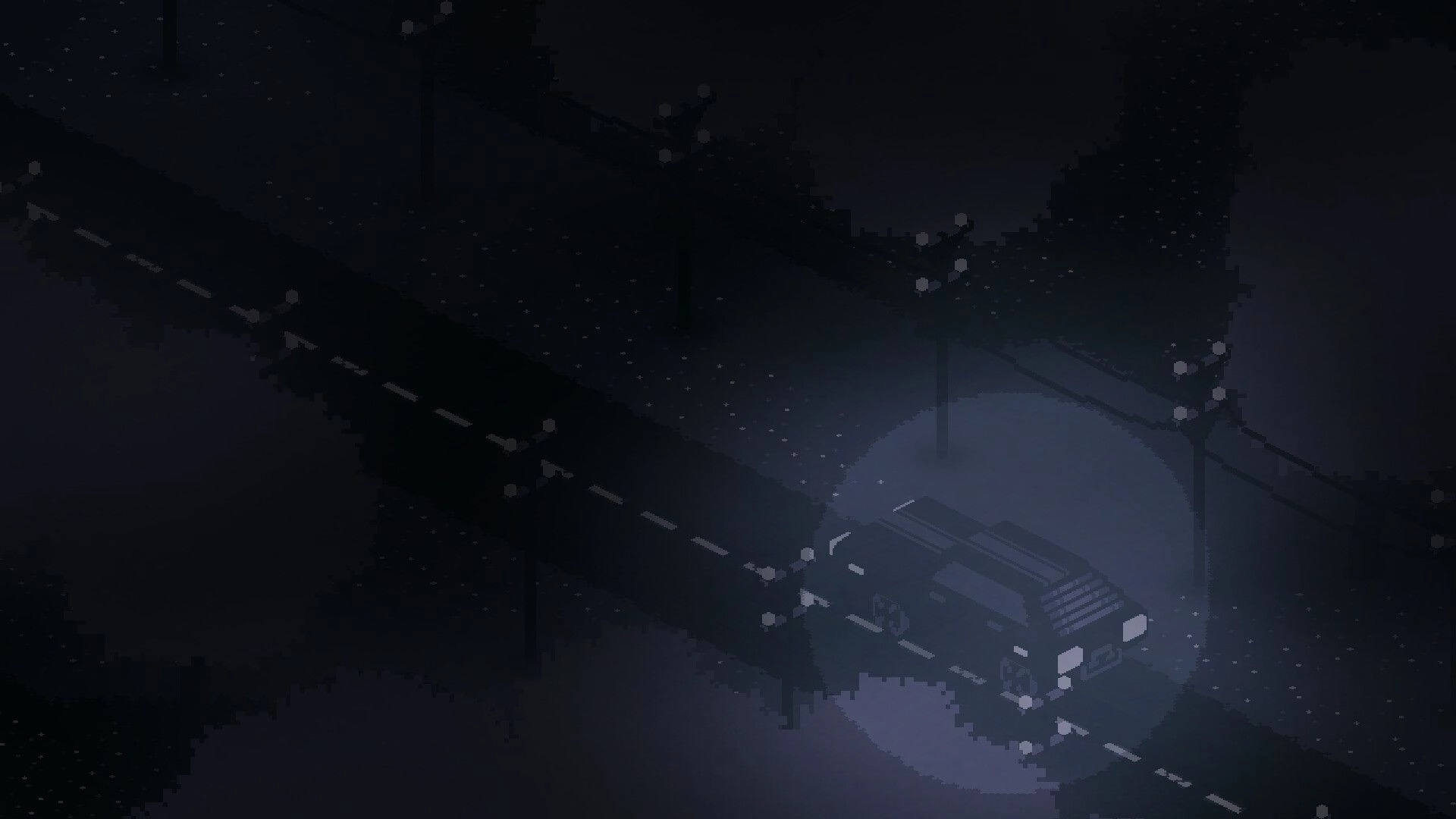 Birthright: Vehicle driving on a dark road with streetlights illuminating the night environment.