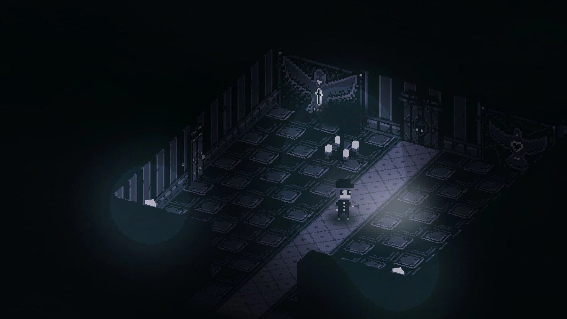 Birthright: Character explores dimly lit room with candles and mysterious wall carvings