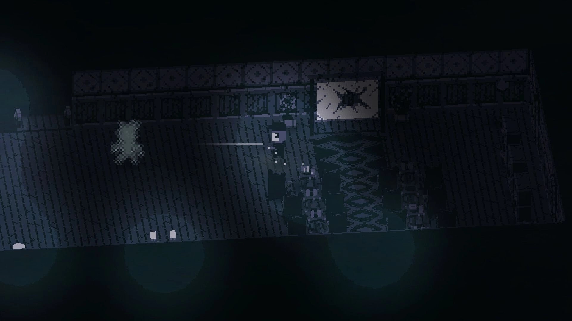 Birthright: Player in dimly lit hallway encounters a ghostly figure, shadows lurking in the darkness.
