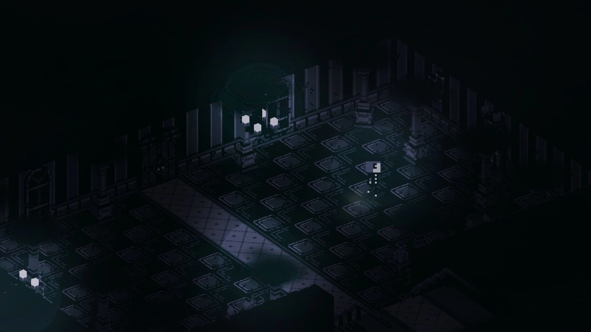Birthright: Player explores dimly lit, patterned hallway with mysterious shadows in haunted mansion.