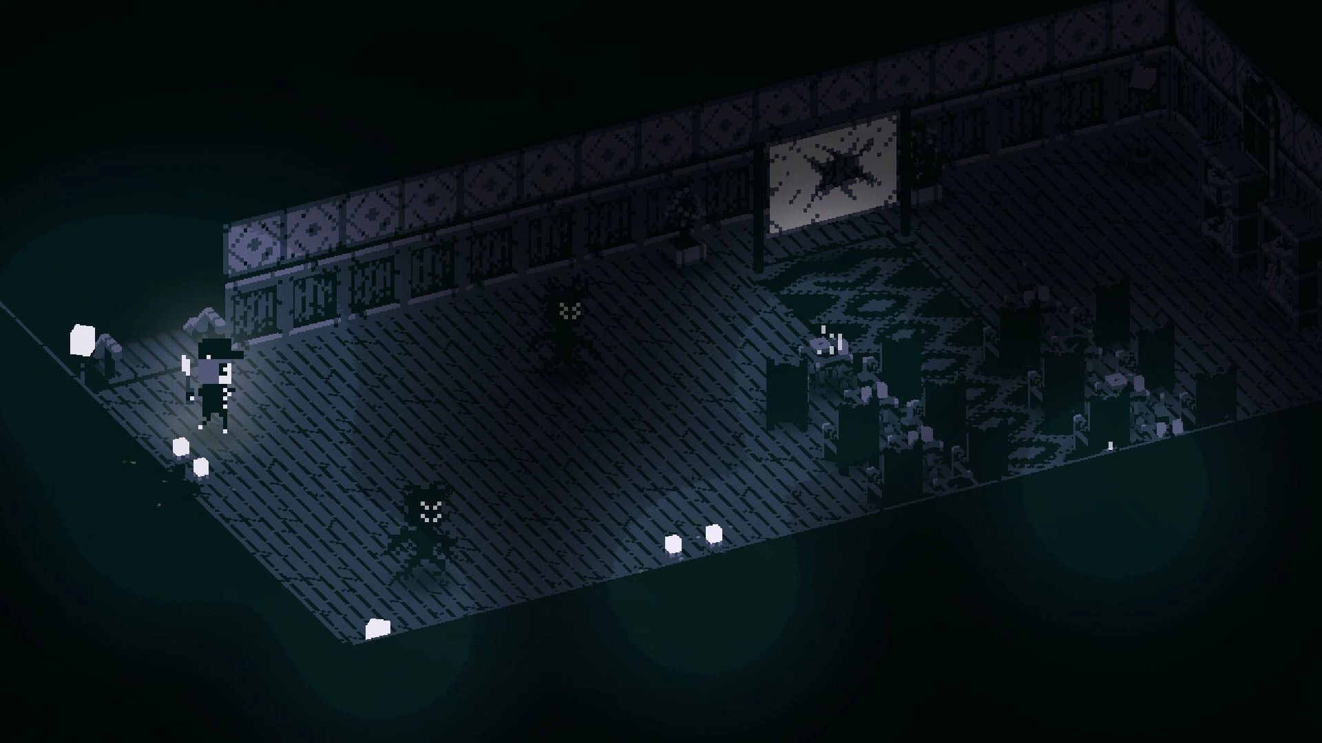 Birthright: Player with flashlight explores dark, eerie room with lurking shadow figures and scattered debris