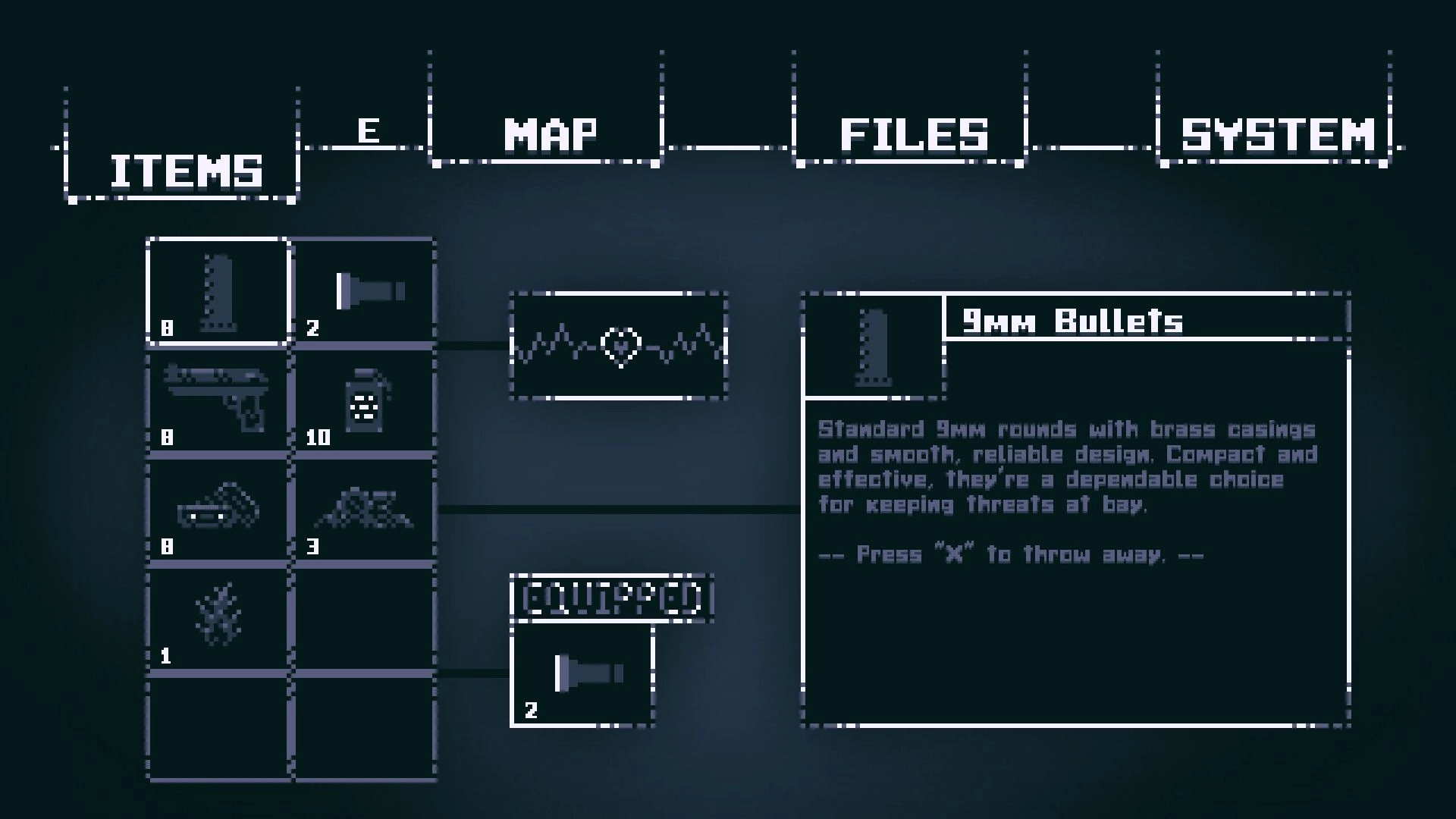 Birthright: Inventory screen showing items, health status, and description of 9mm bullets in menu.