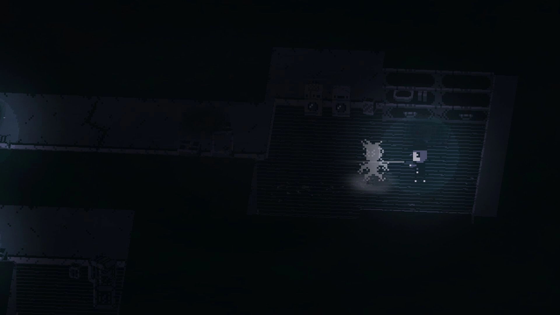 Birthright: Character with flashlight faces shadowy figure in a dimly lit corridor with minimal UI elements.