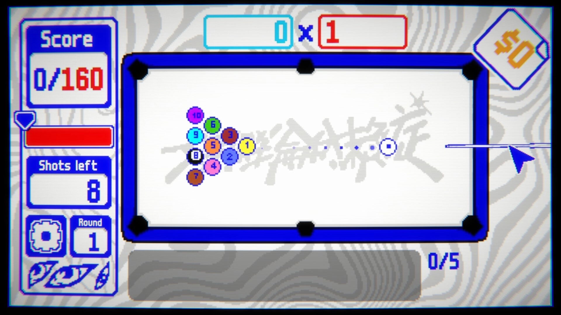 Biryado: Cue aiming at clustered numbered balls on pool table, score and shots UI on left panel.