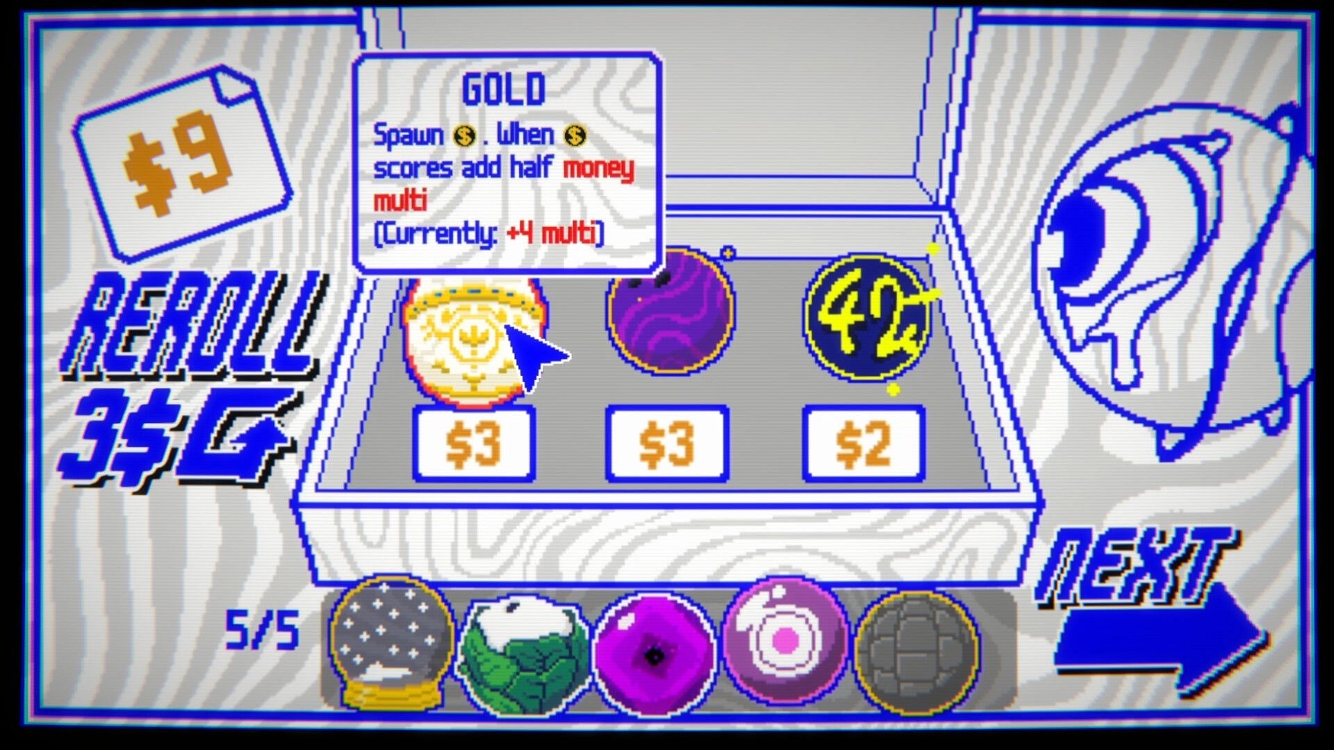 Biryado: Reroll shop screen with Gold tooltip, three items priced $3-$2, and Next arrow button.