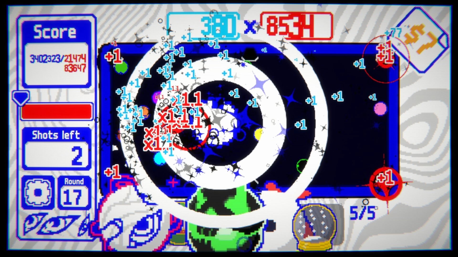 Biryado: Billiards board packed with +1 popups and spiral effect, score panel and 2 shots left UI.