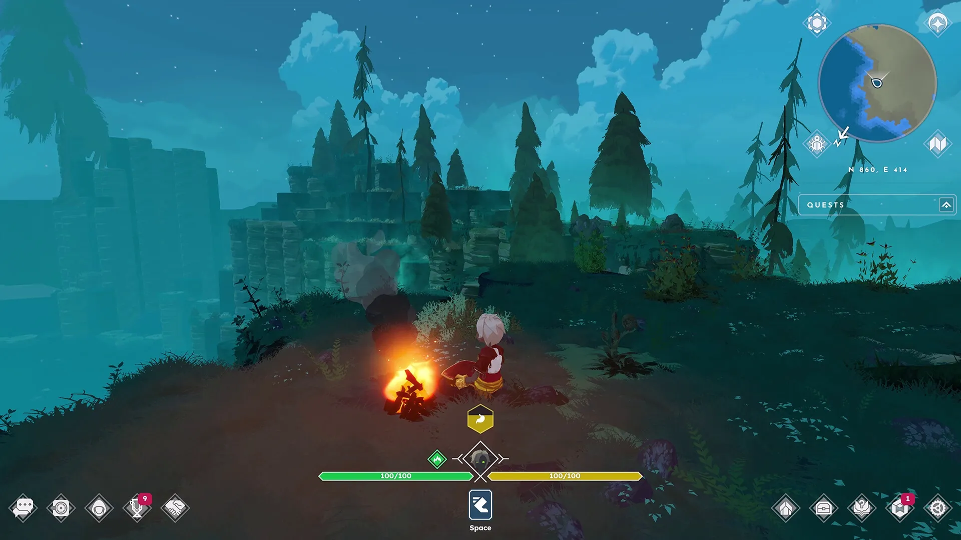 BitCraft Online: Character sitting by campfire in a forest clearing, with a quest menu and map visible.