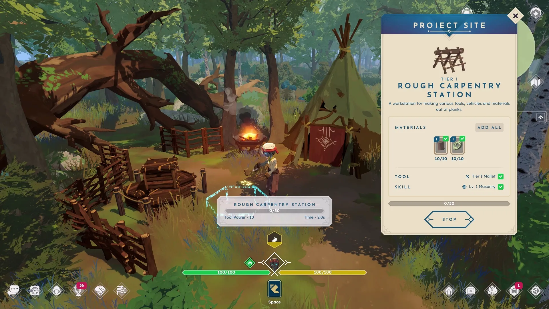 BitCraft Online: Character building a rough carpentry station in a lush forest setting with UI elements.