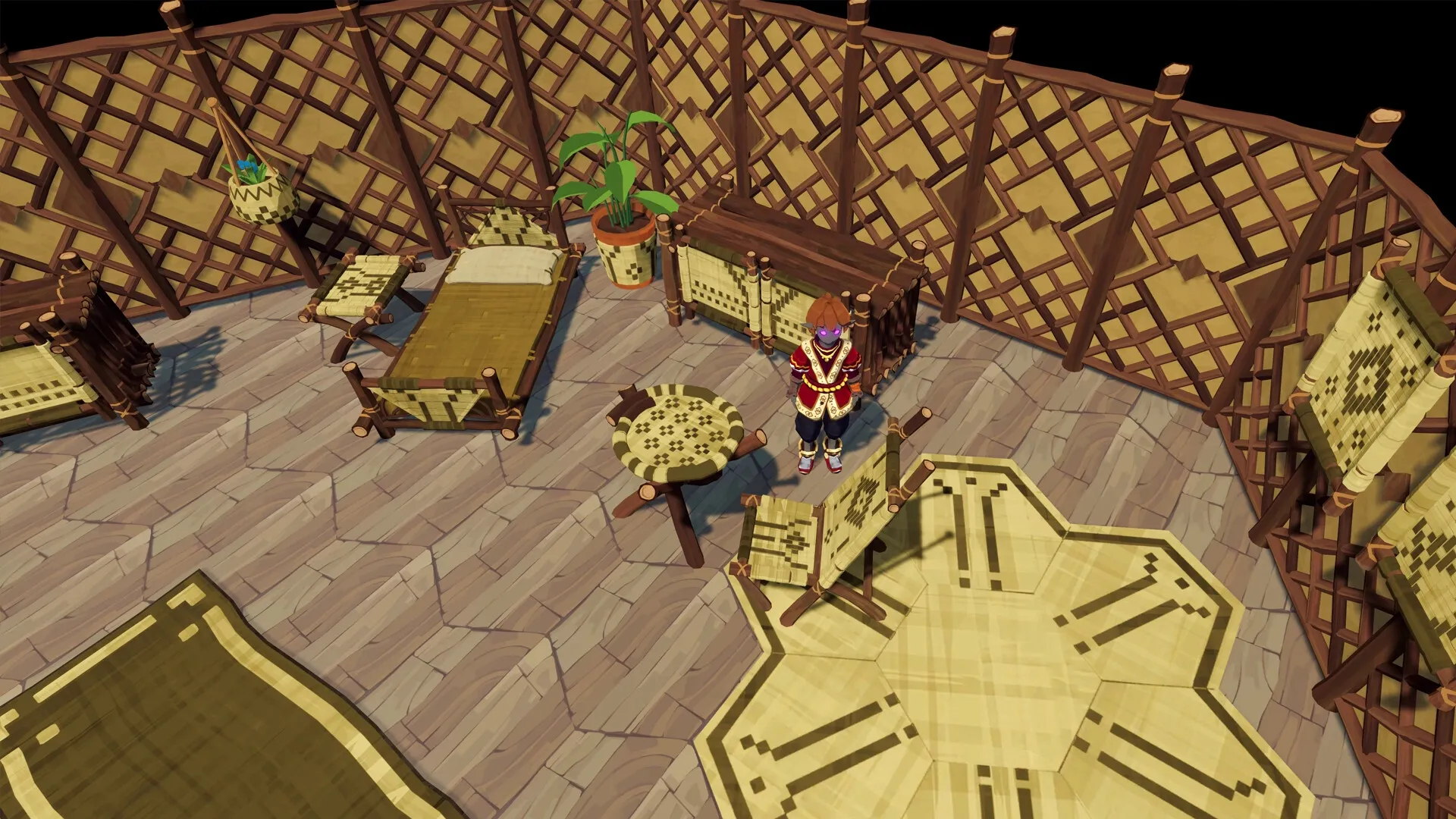 BitCraft Online: Character standing in a cozy room with wooden furniture and decorative plant