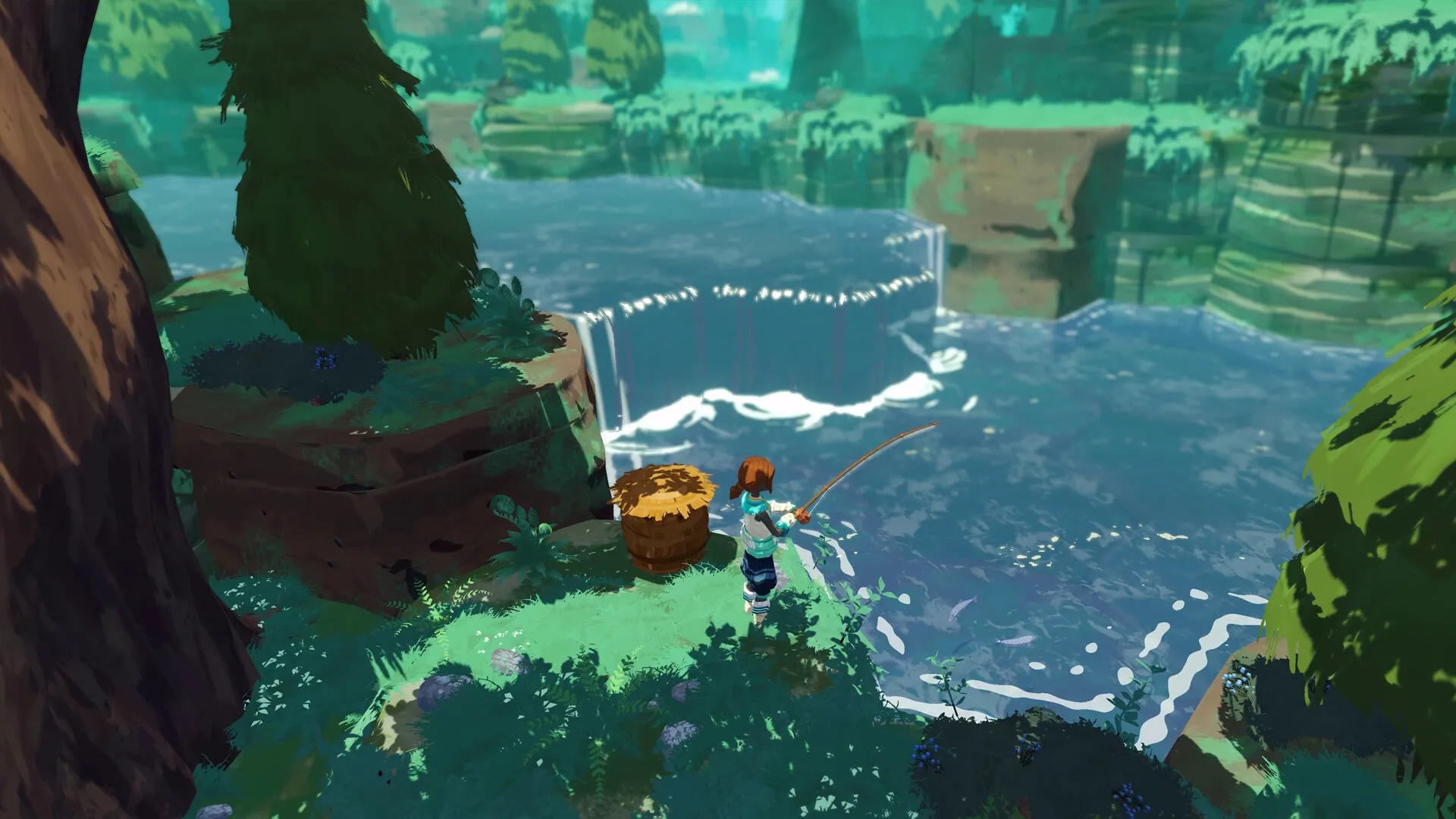 BitCraft Online: Player fishing by a waterfall in a lush, vibrant forest setting
