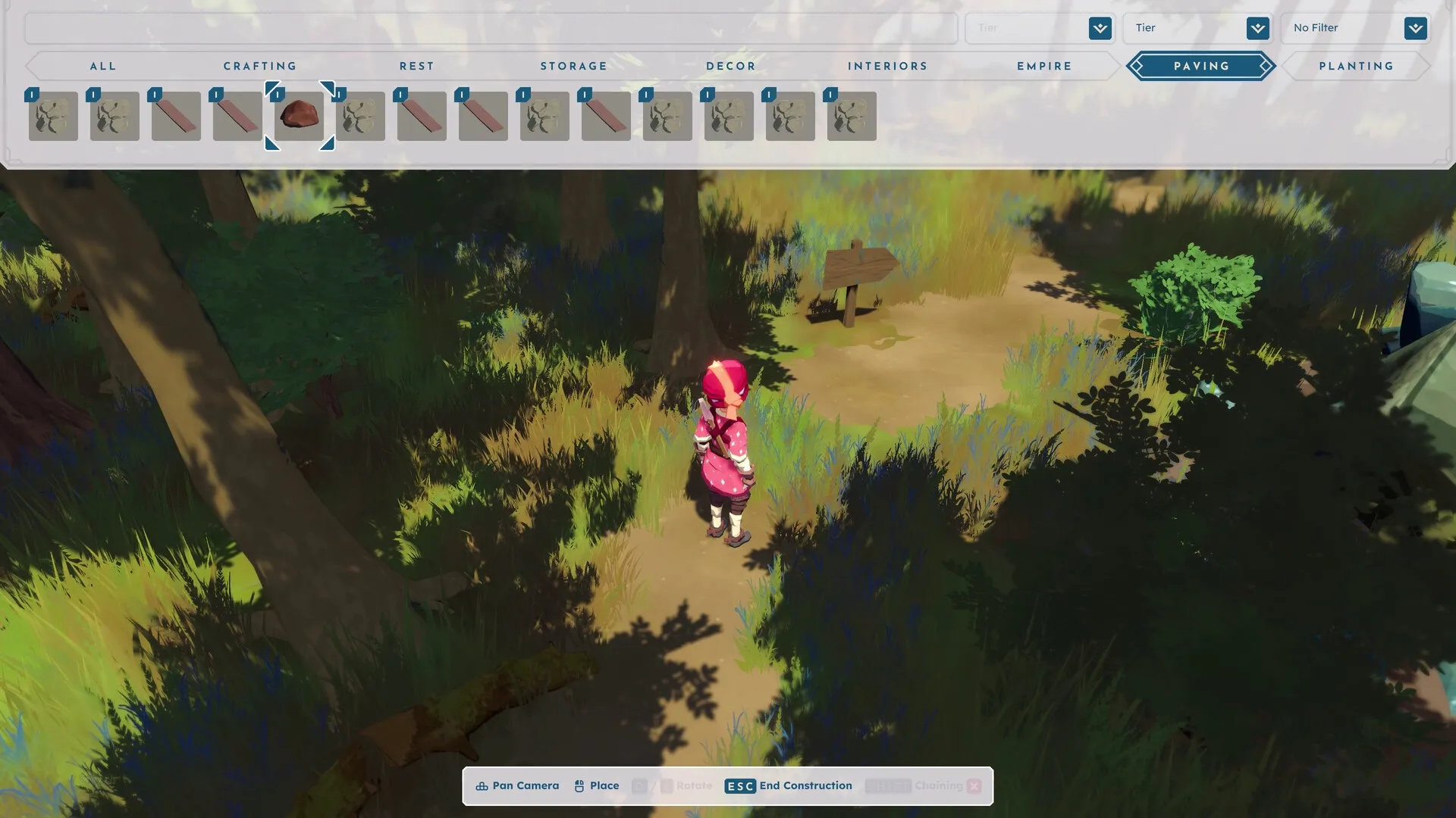 BitCraft Online: Character in red outfit exploring forest with crafting menu open