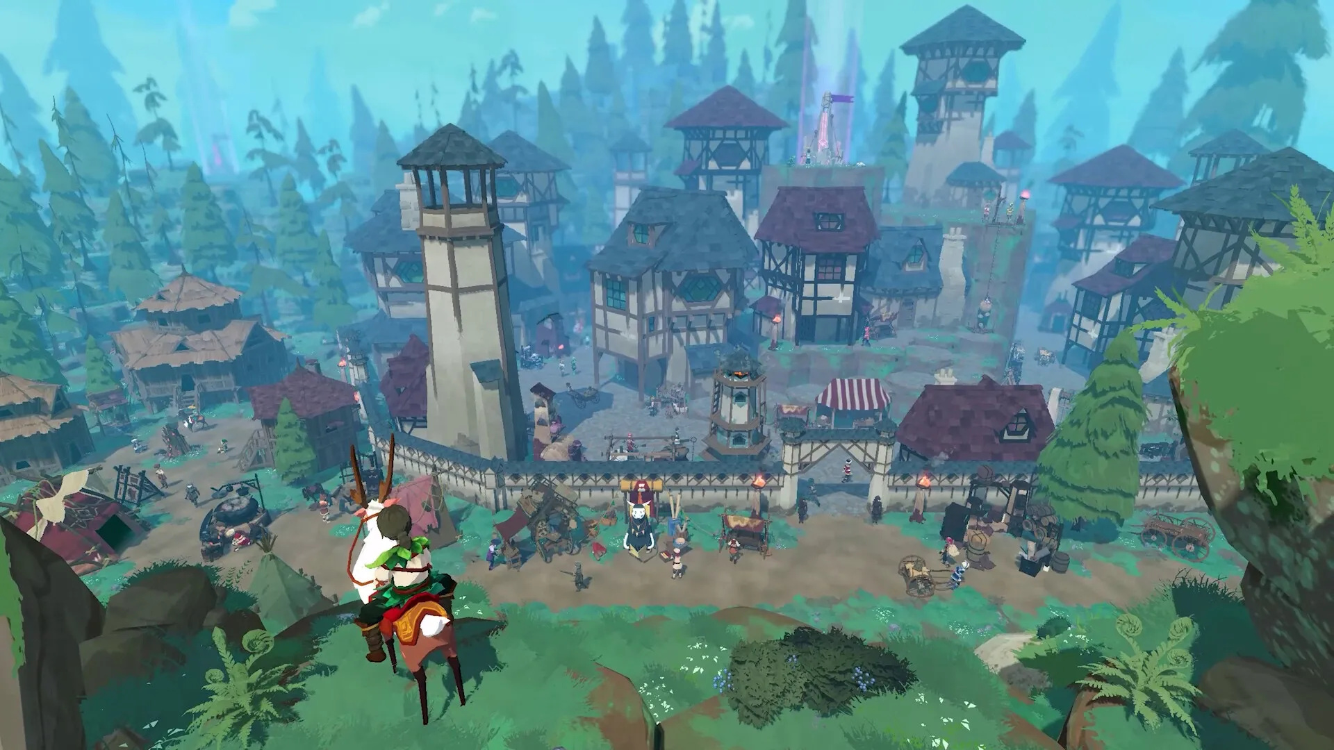 BitCraft Online: Player on horseback overlooking a bustling medieval village surrounded by lush forests.