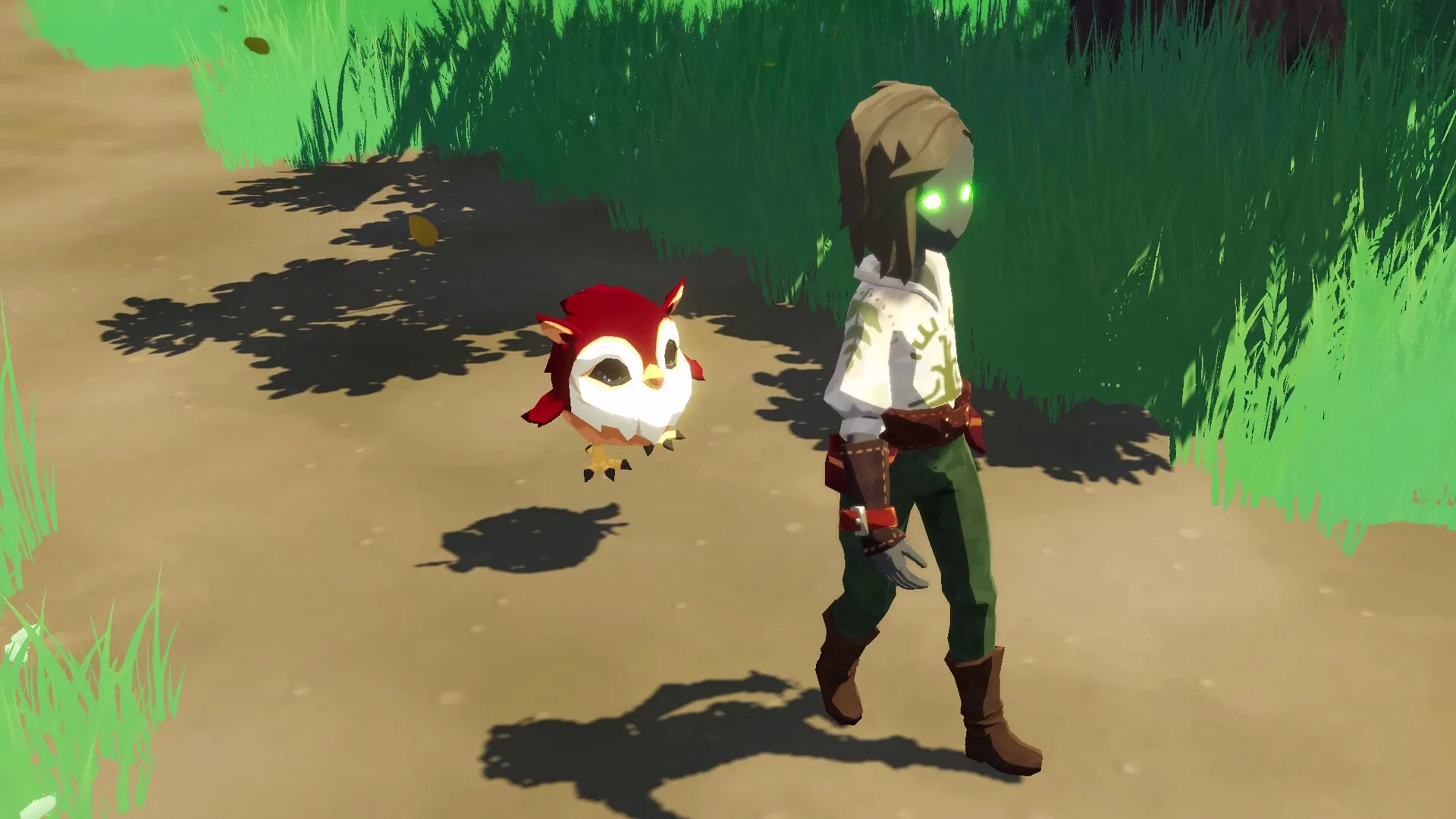 BitCraft Online: Player walks with a red owl companion through a grassy forest path