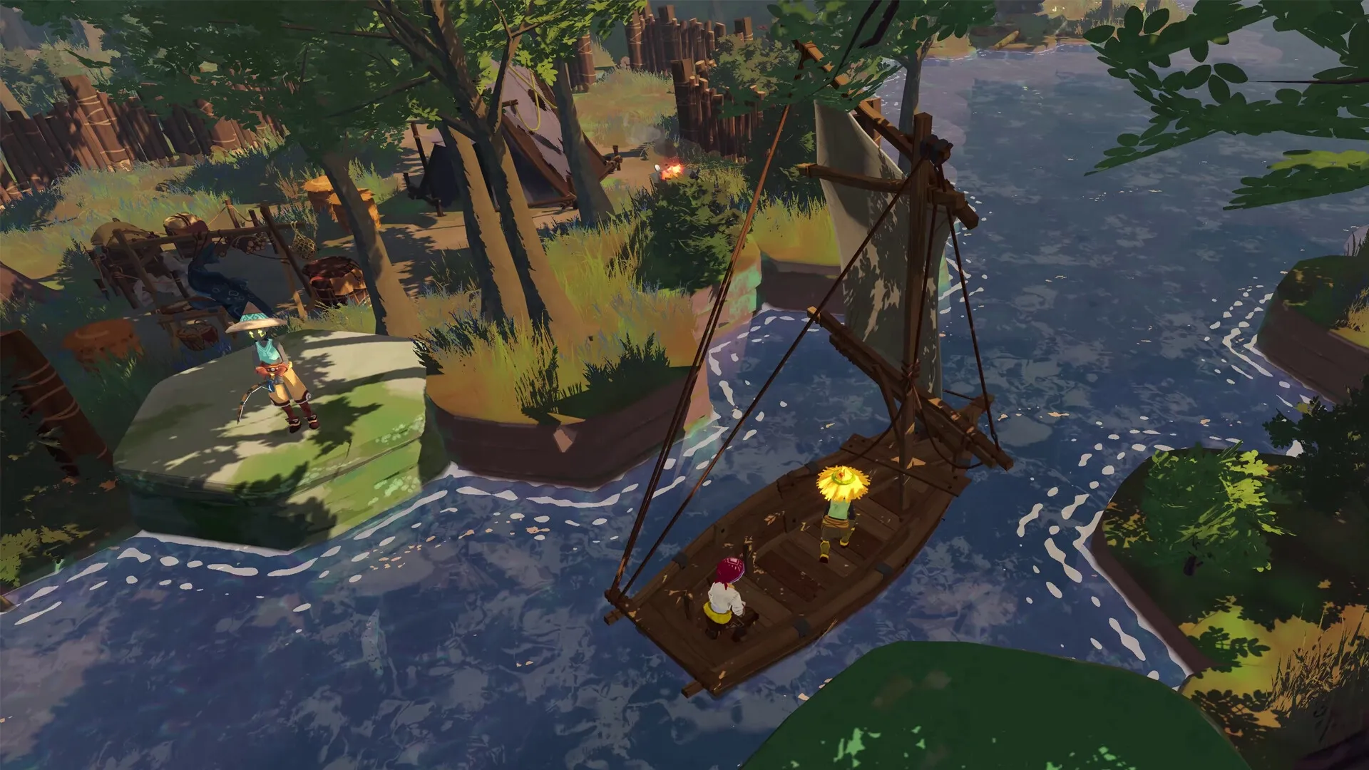 BitCraft Online: Two players sailing a wooden boat near a riverside campsite in lush forest environment