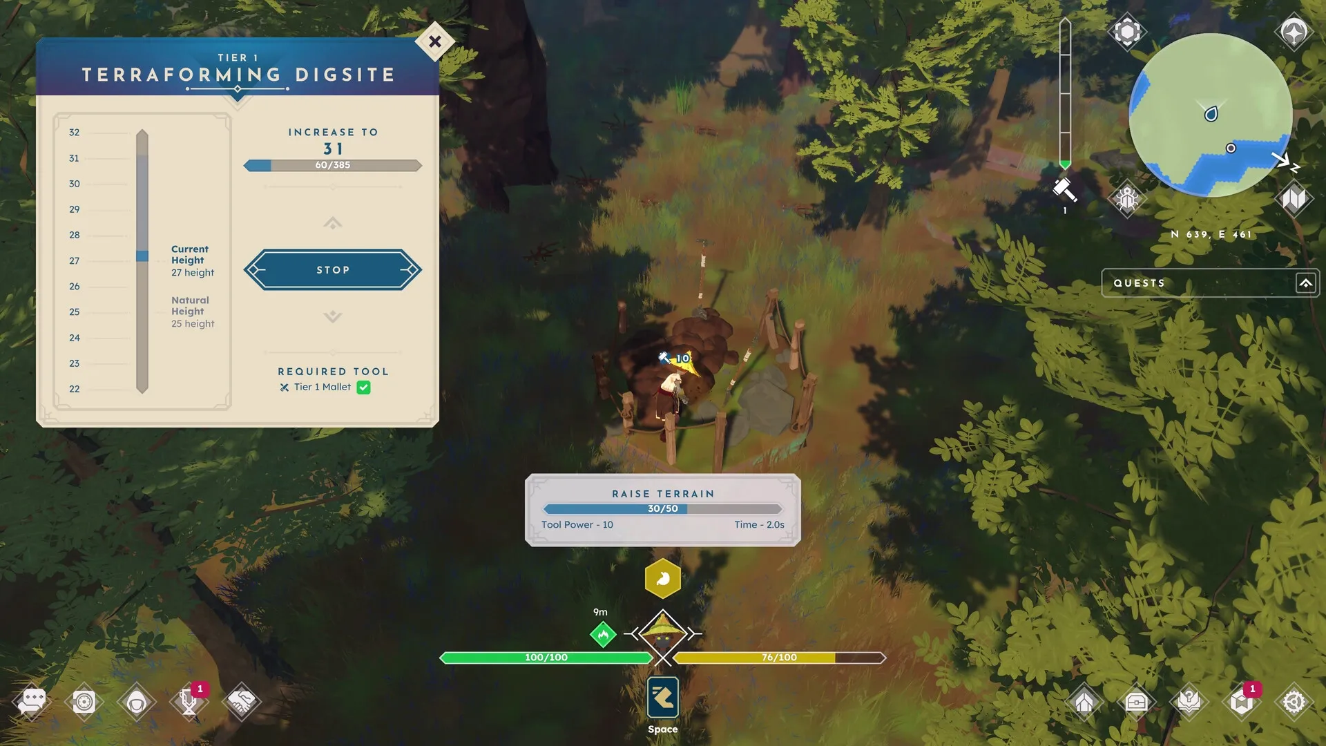 BitCraft Online: Player uses Tier 1 Mallet to terraform forest terrain, interface shows dig site details.