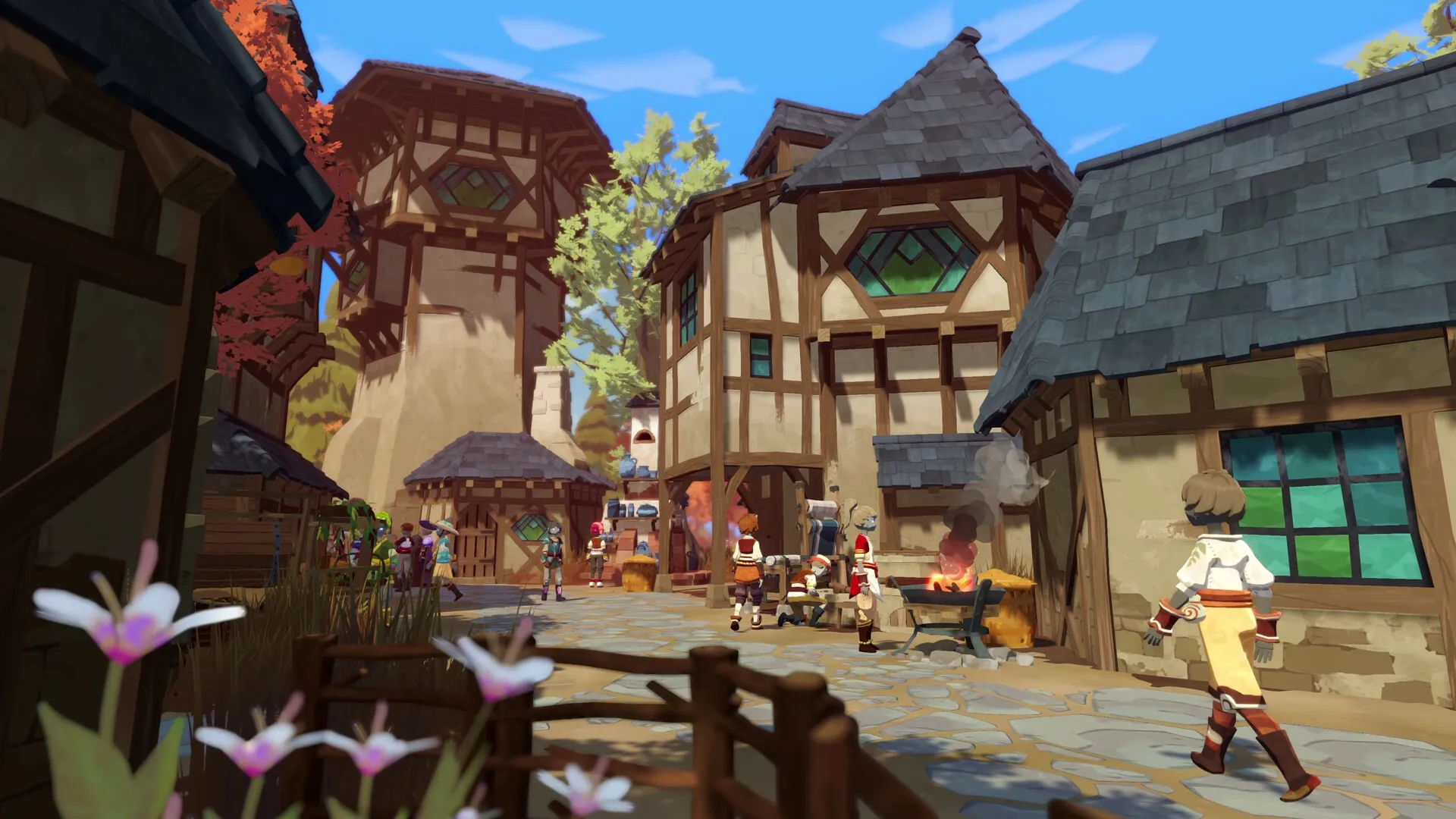 BitCraft Online: Characters walk through a bustling medieval village with timber-framed buildings and flowers.