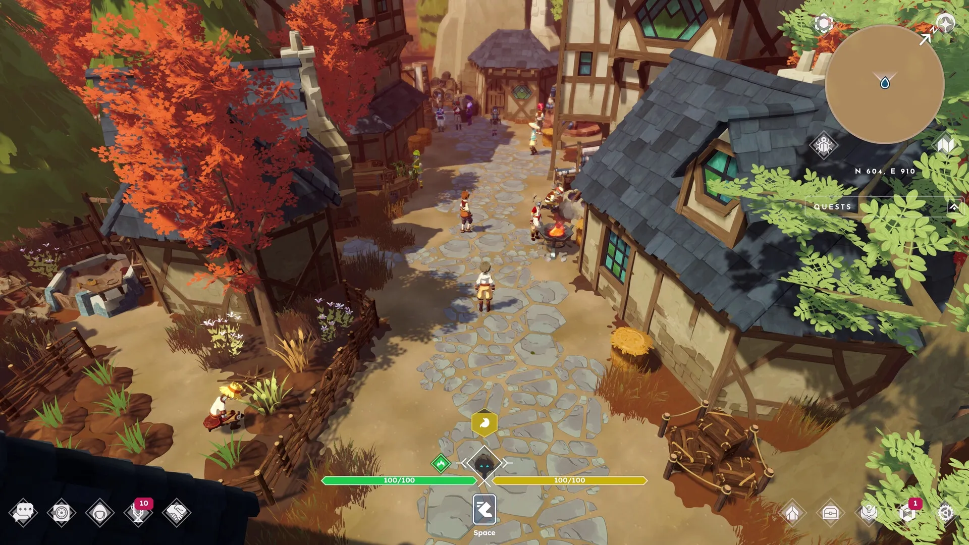 BitCraft Online: Player explores a vibrant village street with NPCs, houses, and a detailed map interface.