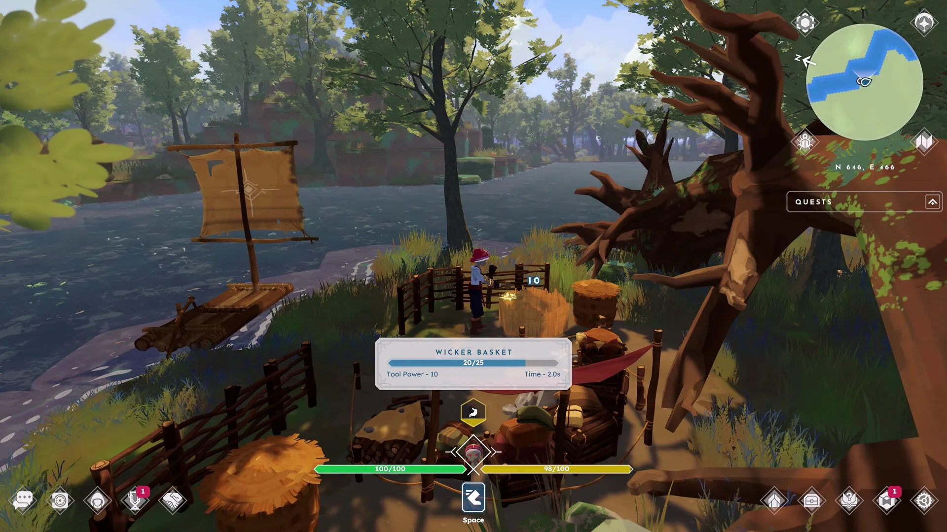 BitCraft Online: Character crafting a wicker basket near a river with map and quest UI elements visible