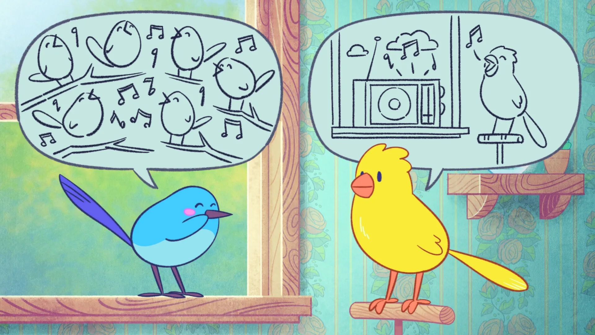 Bits & Bops: Two birds in conversation with music notes in speech bubbles inside a decorated room