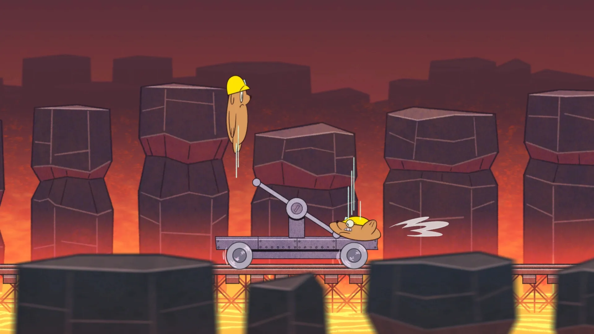 Bits & Bops: Cartoon character on a cart lever in a fiery, rocky landscape environment