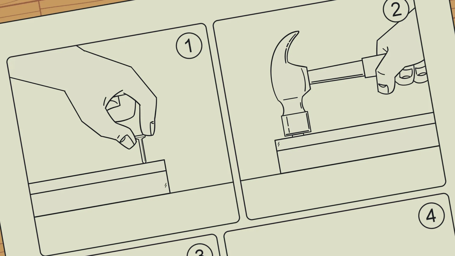 Bits & Bops: Hand and hammer sequence in step-by-step instructions on a beige background.