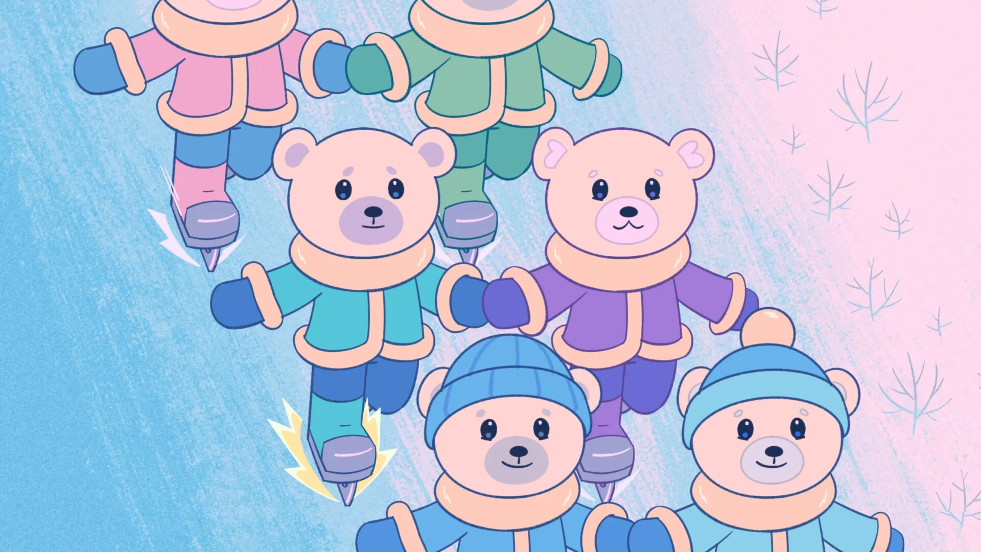 Bits & Bops: Bears in colorful outfits ice skating in formation on a pastel-colored frozen pond