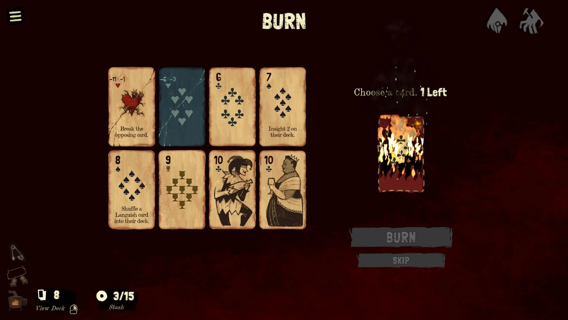 Black Jacket: Card selection for burning, displaying various cards with unique abilities in dark setting