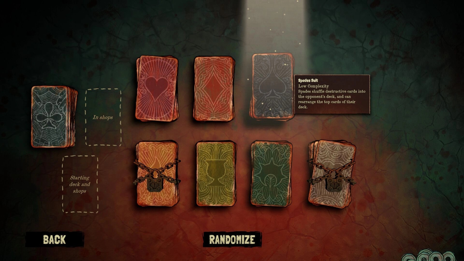 Black Jacket: Deck selection menu with chained decks, card descriptions, and randomize option visible