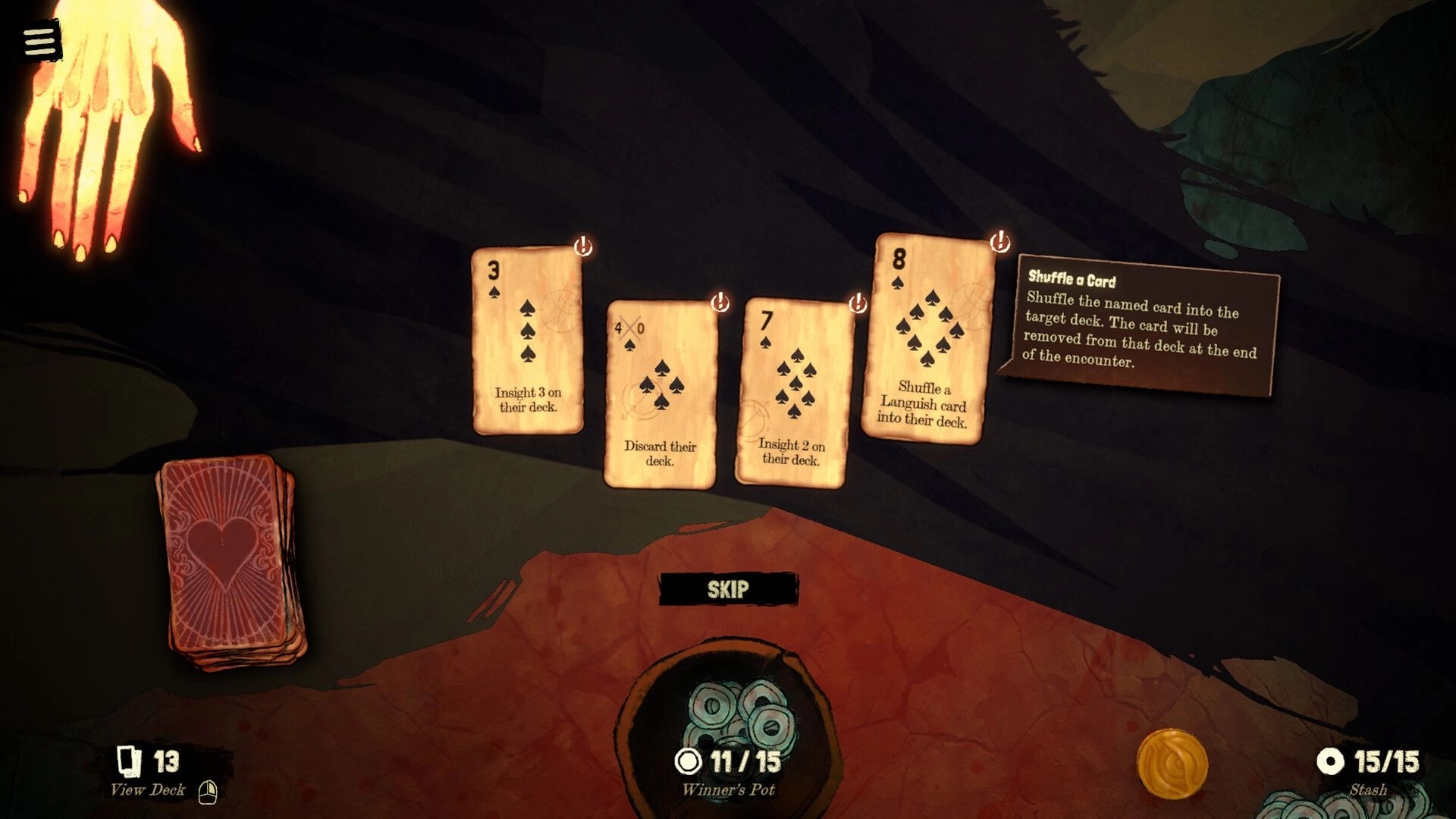 Black Jacket: Player's hand selecting cards with actions, surrounded by dark, mysterious environment