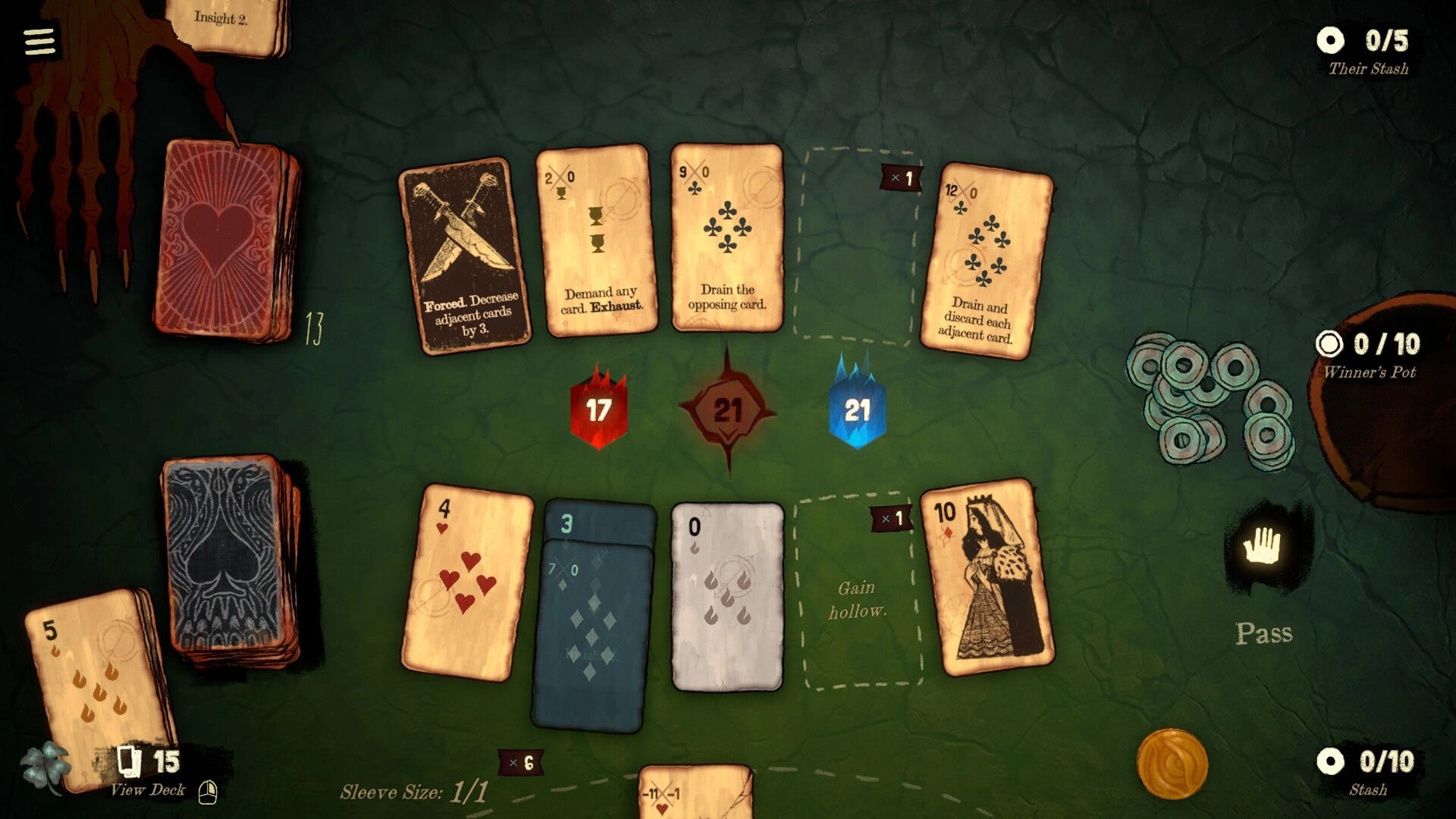 Black Jacket: Playing cards with various point values and abilities on a dark green tabletop setting