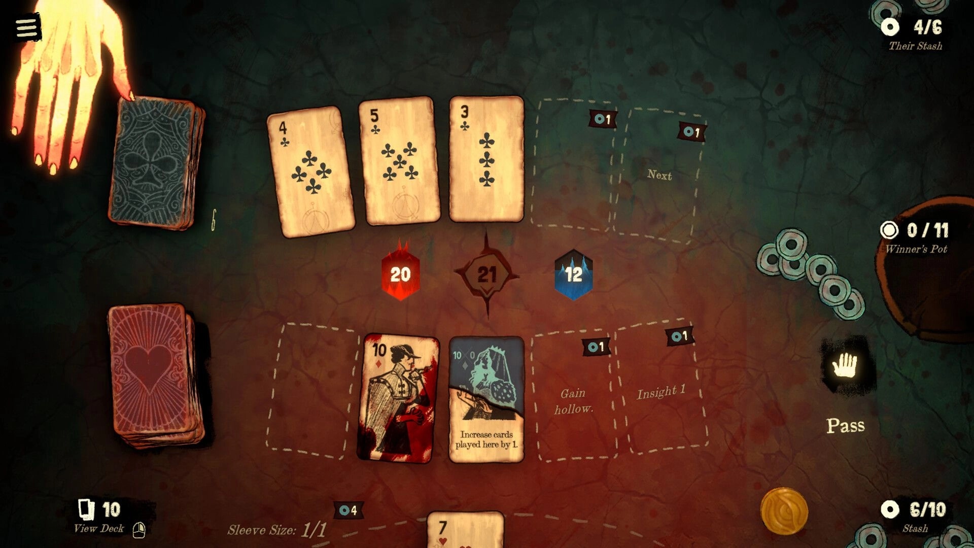 Black Jacket: Player's hand hovering over deck, cards in play and scores displayed on table surface.