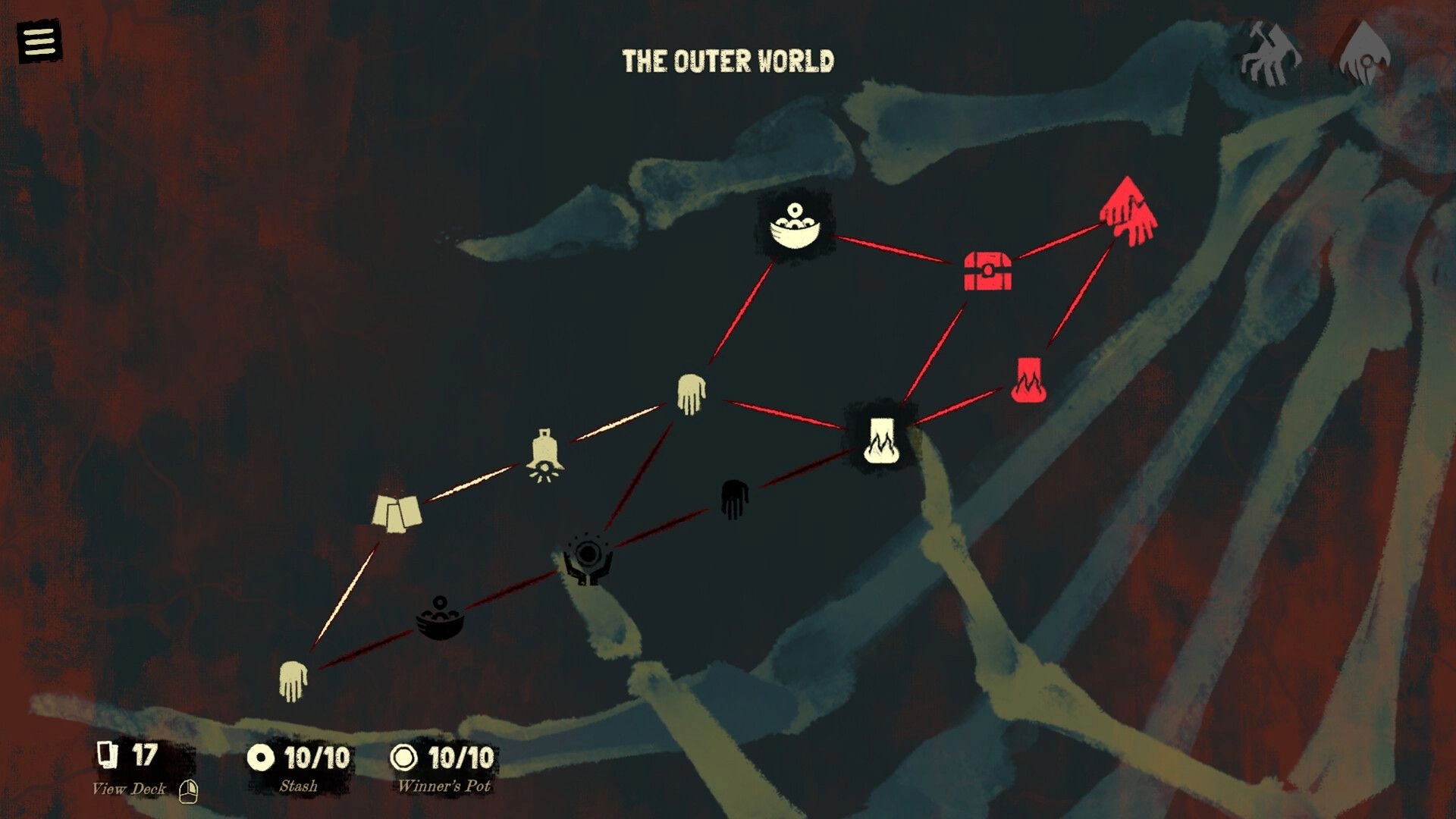 Black Jacket: Map navigation with branching paths and icons in a dark, skeletal-themed environment.