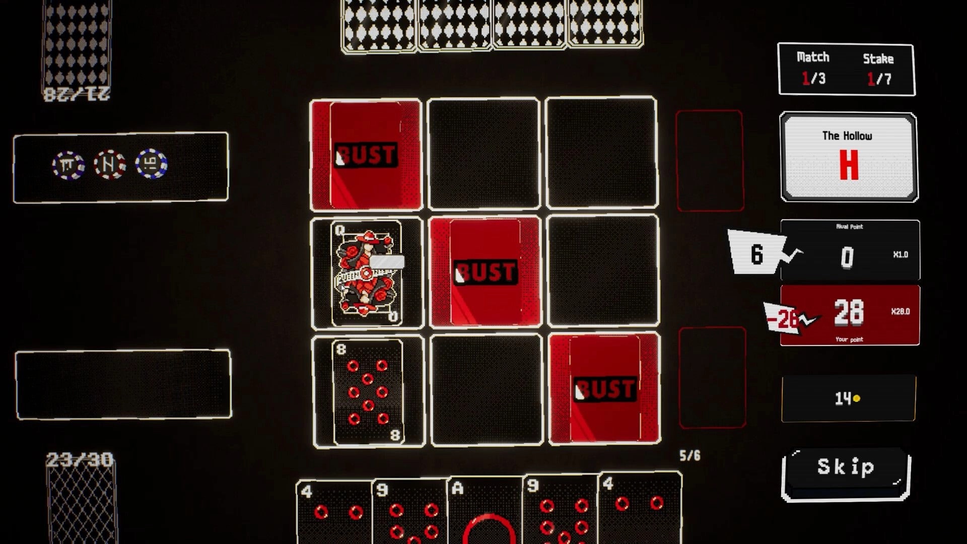 Black OX: Card layout with BUST alerts and score indicators in a tactical grid-based card game setting