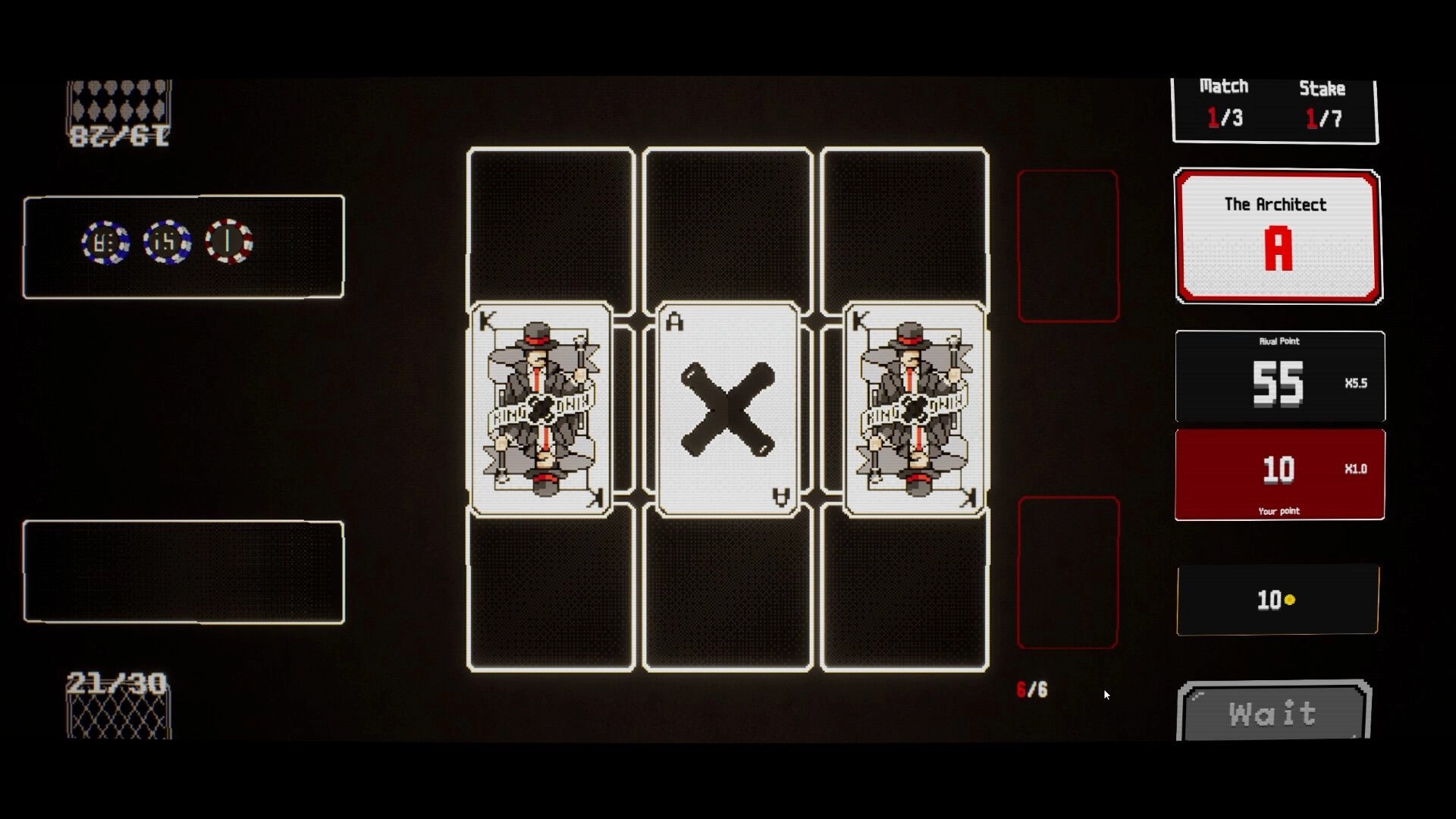 Black OX: Card game interface with Ace and Kings on grid, player score 10, rival score 55, match 1/3