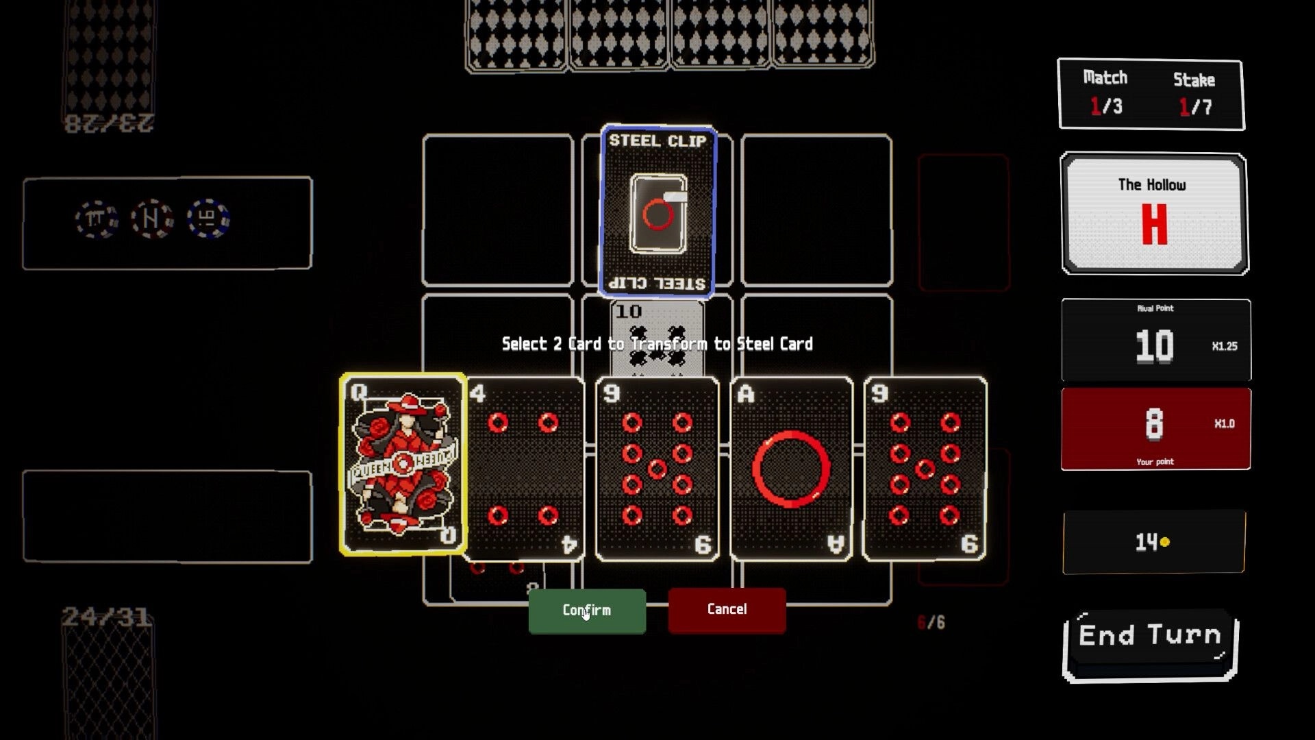 Black OX: Card selection screen with Steel Clip transformation option and score display on the right