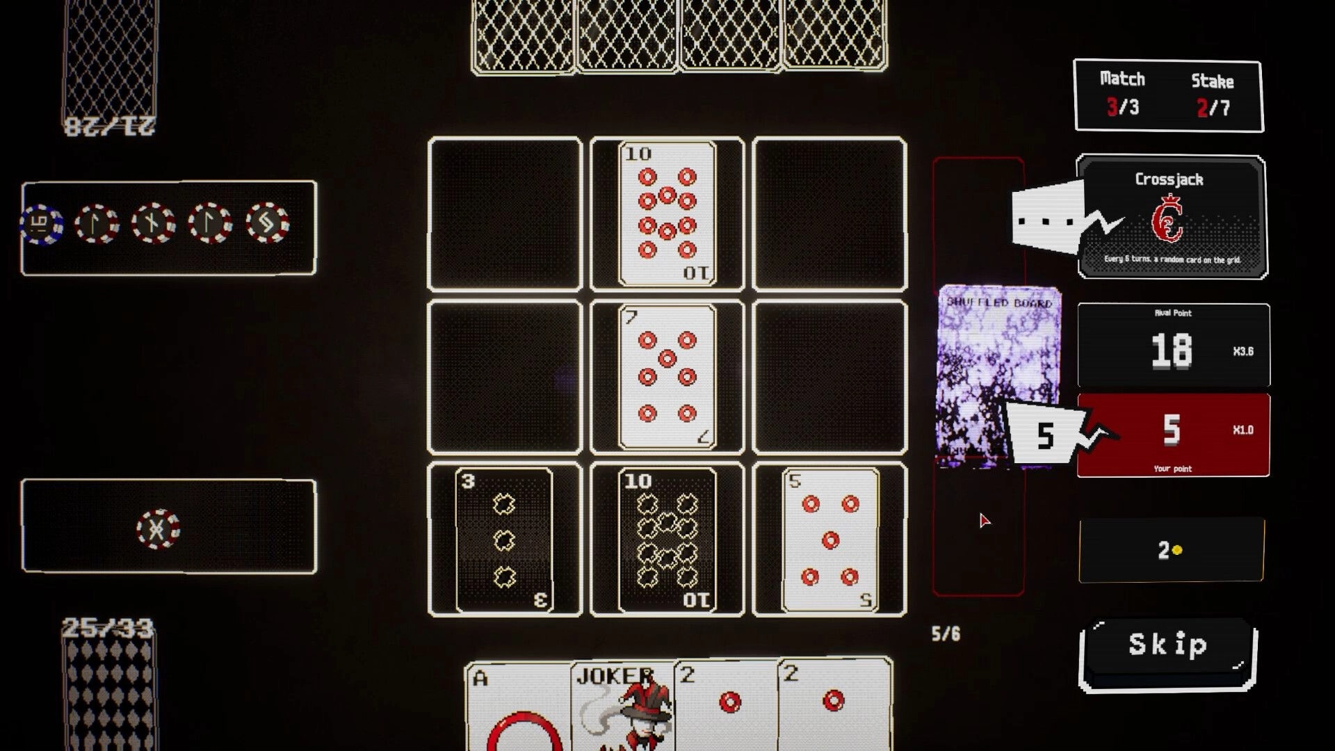 Black OX: Tactical card grid with player and rival points displayed in a strategic gameplay interface.