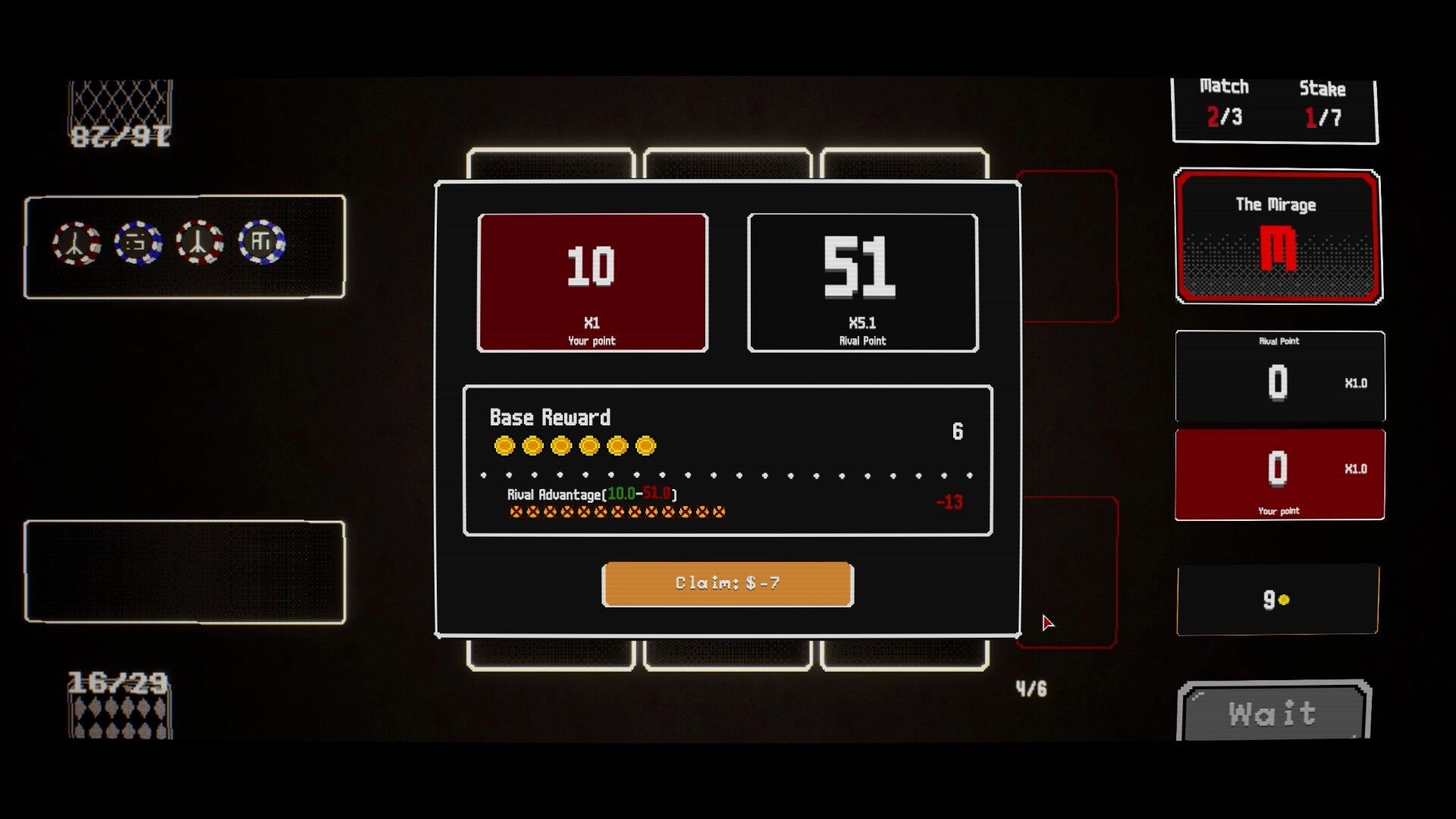 Black OX: Scoreboard with 10 player points vs 51 rival points, base reward section in dark interface