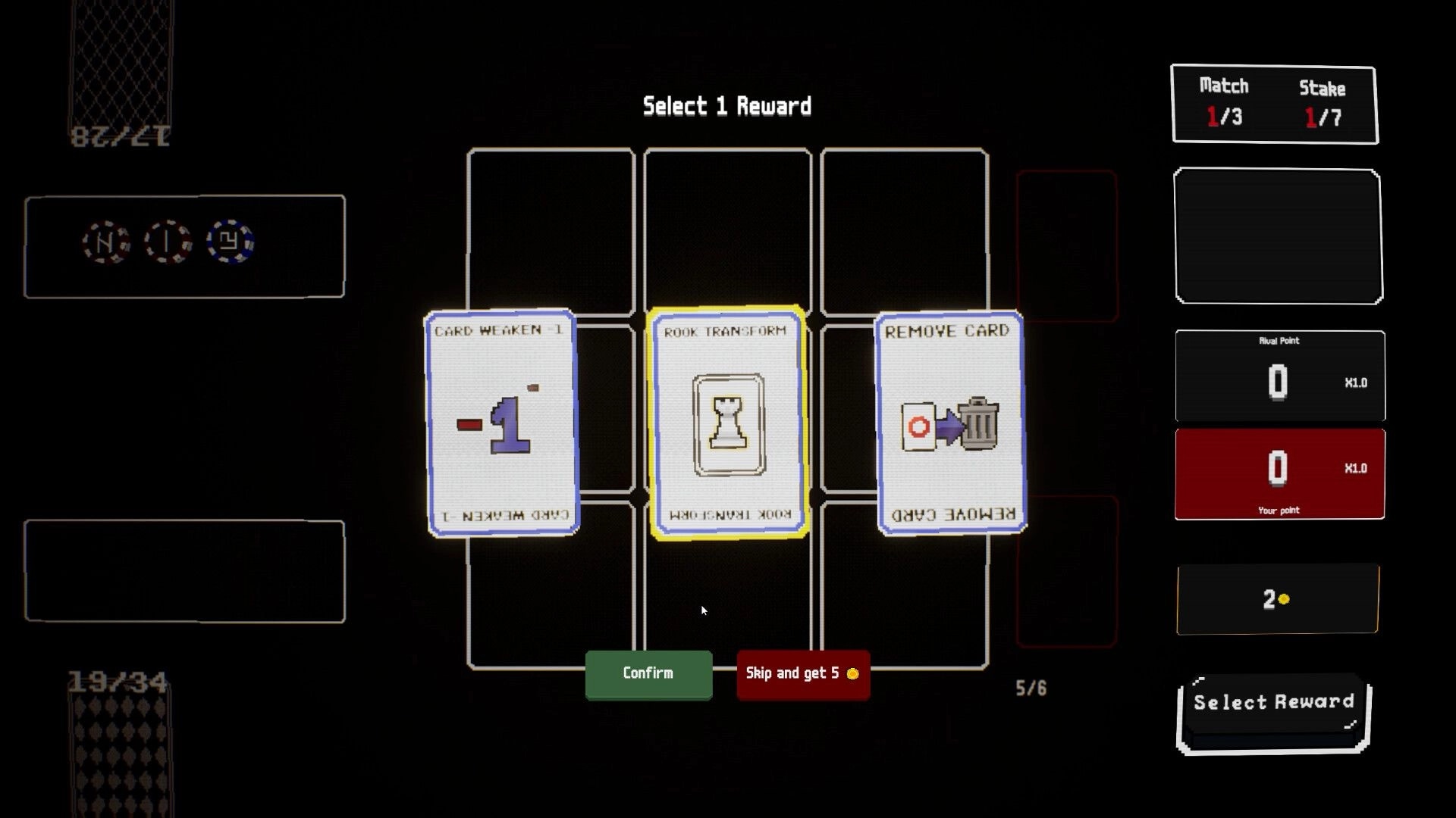 Black OX: Reward selection screen with options for card weaken, rook transform, and card removal