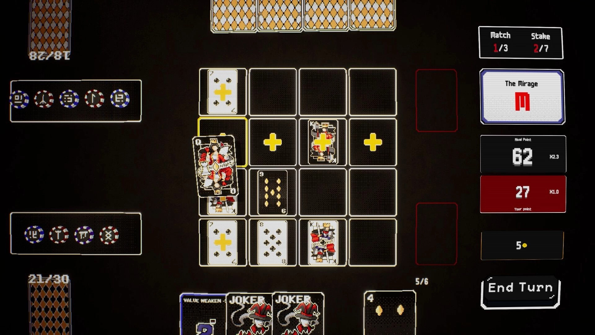 Black OX: Card grid gameplay with score display, player's hand, and end turn button in dark UI.