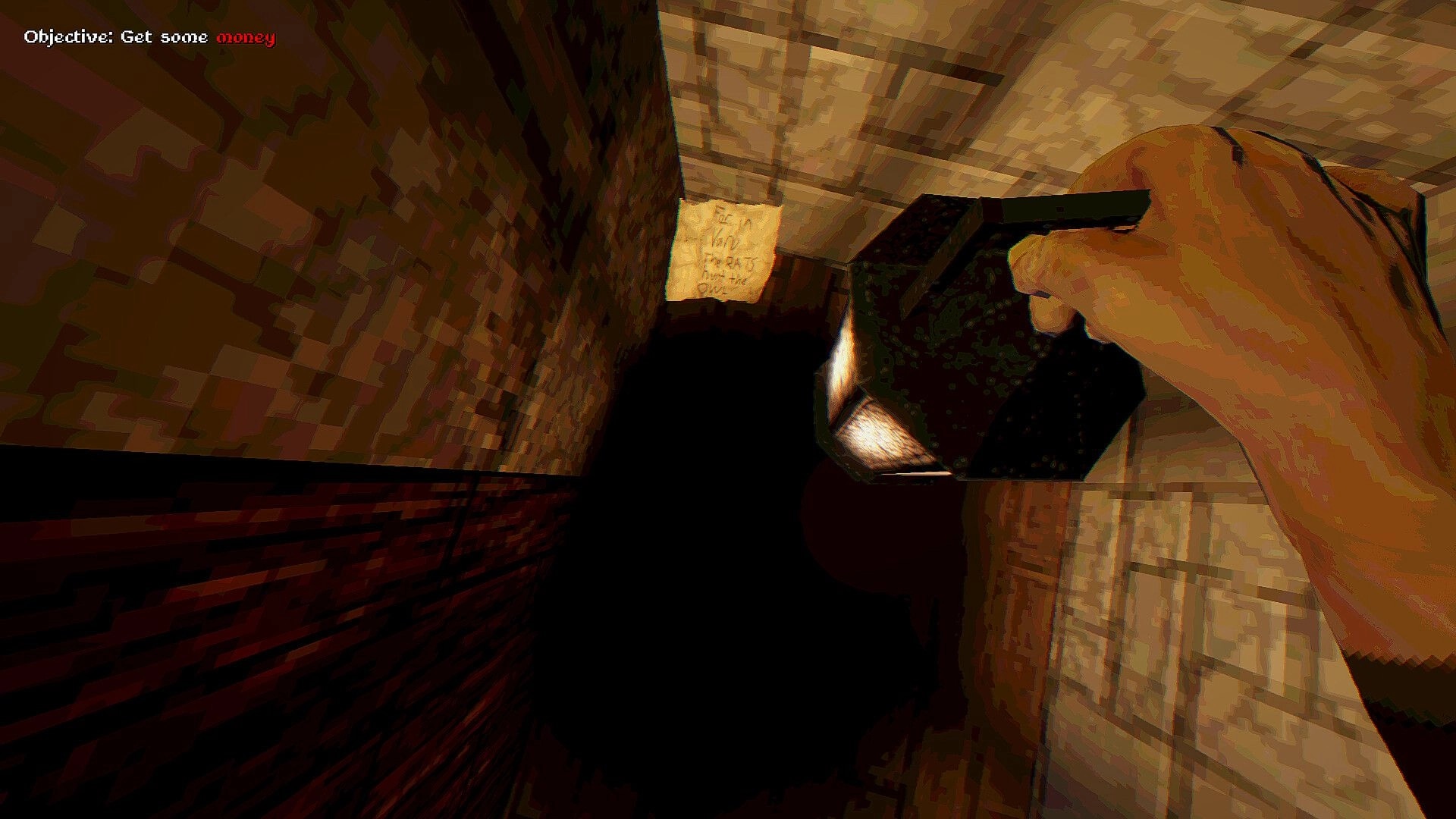 Blackout Jack: First-person view holding a gun near a note in a dim brick alley objective text UI.