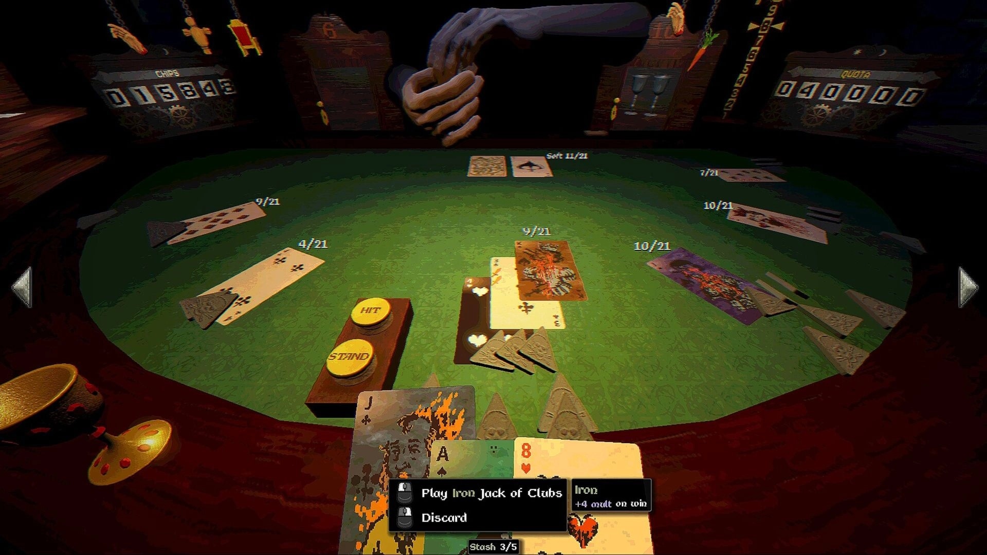 Blackout Jack: Blackjack table with hit/stand buttons and card tooltip under a looming dealer hand.