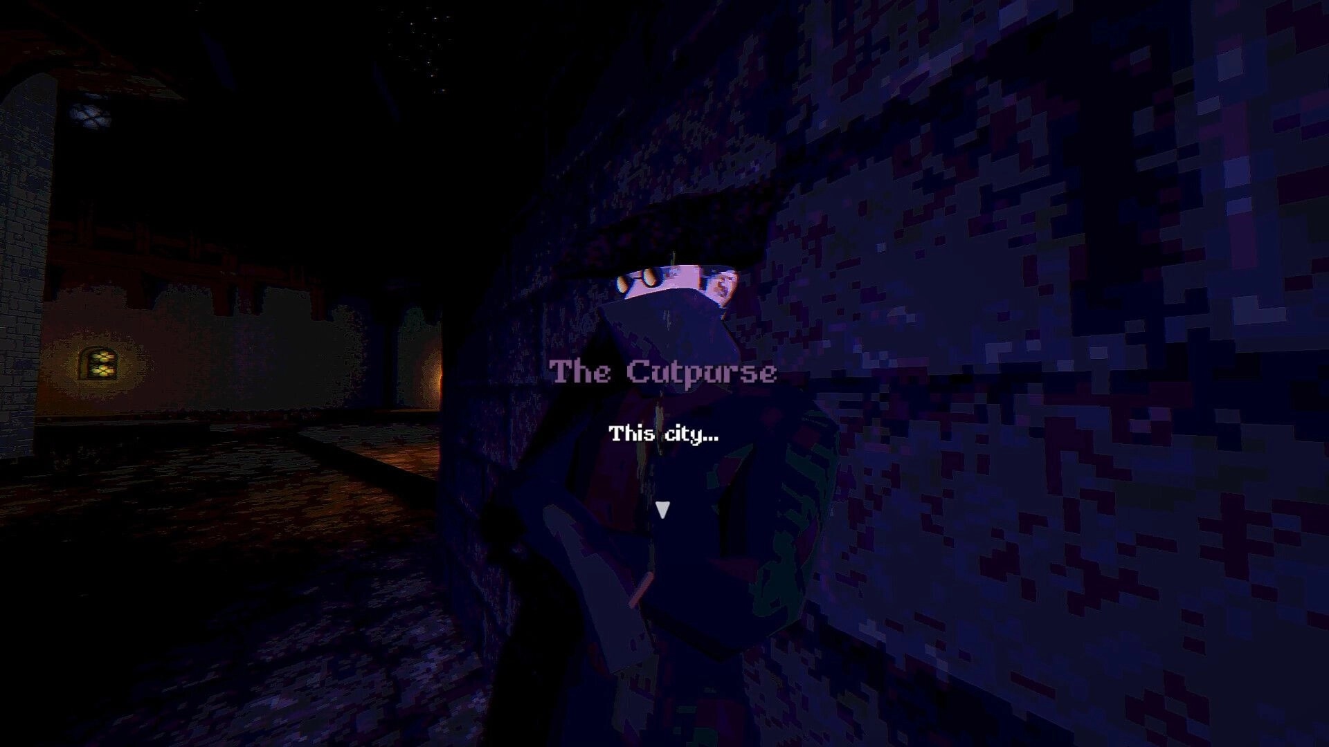 Blackout Jack: Dialogue with masked thief "The Cutpurse" in a dark medieval alley by brick wall.