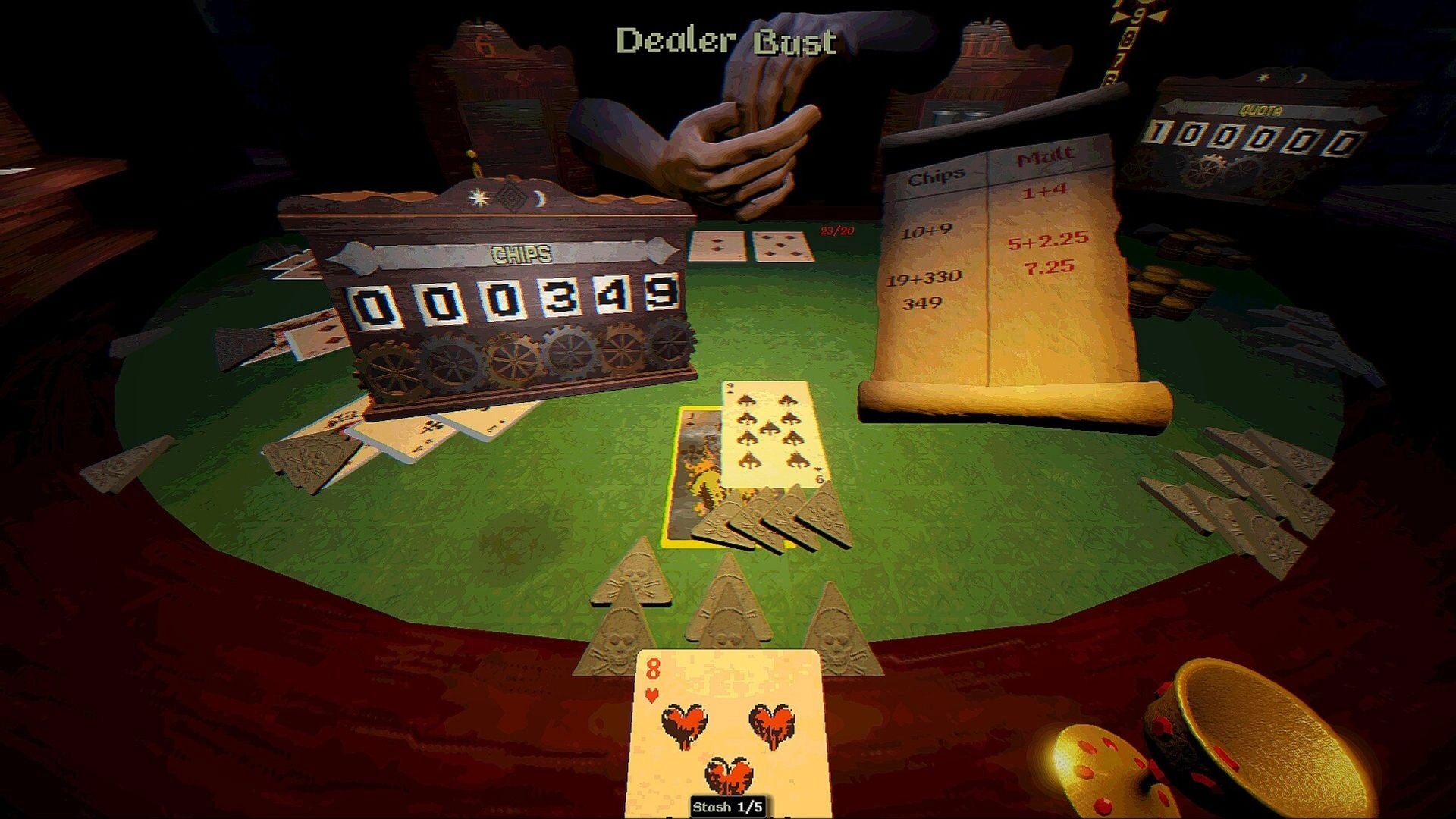Blackout Jack: Dealer bust blackjack table with chip counter and payout scroll on green felt table.