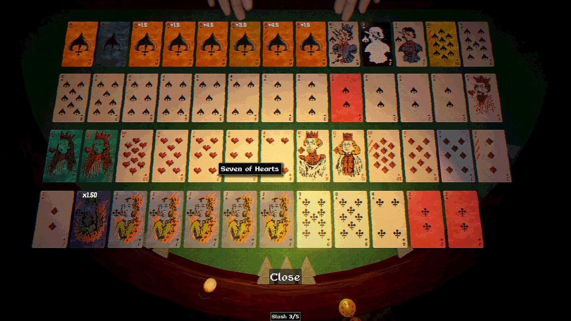 Blackout Jack: Stash inventory grid of playing cards with Close button on a green felt table UI.